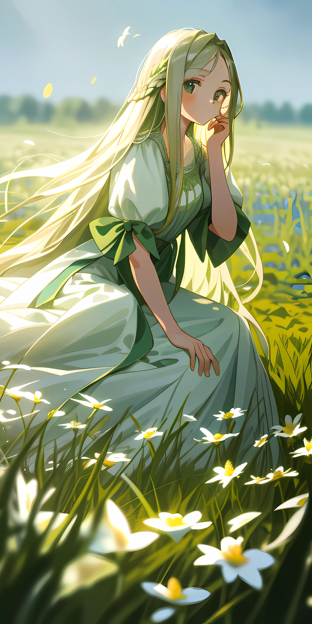 (Masterpiece, highest quality, beautiful), a girl with long flowing hair sits in a thick field of green grass and flowers, her chin in her hand, and the soft light illuminates her figure. Wearing a long white dress, in the blurry foreground, it seems to be as beautiful as a fairyland. ”