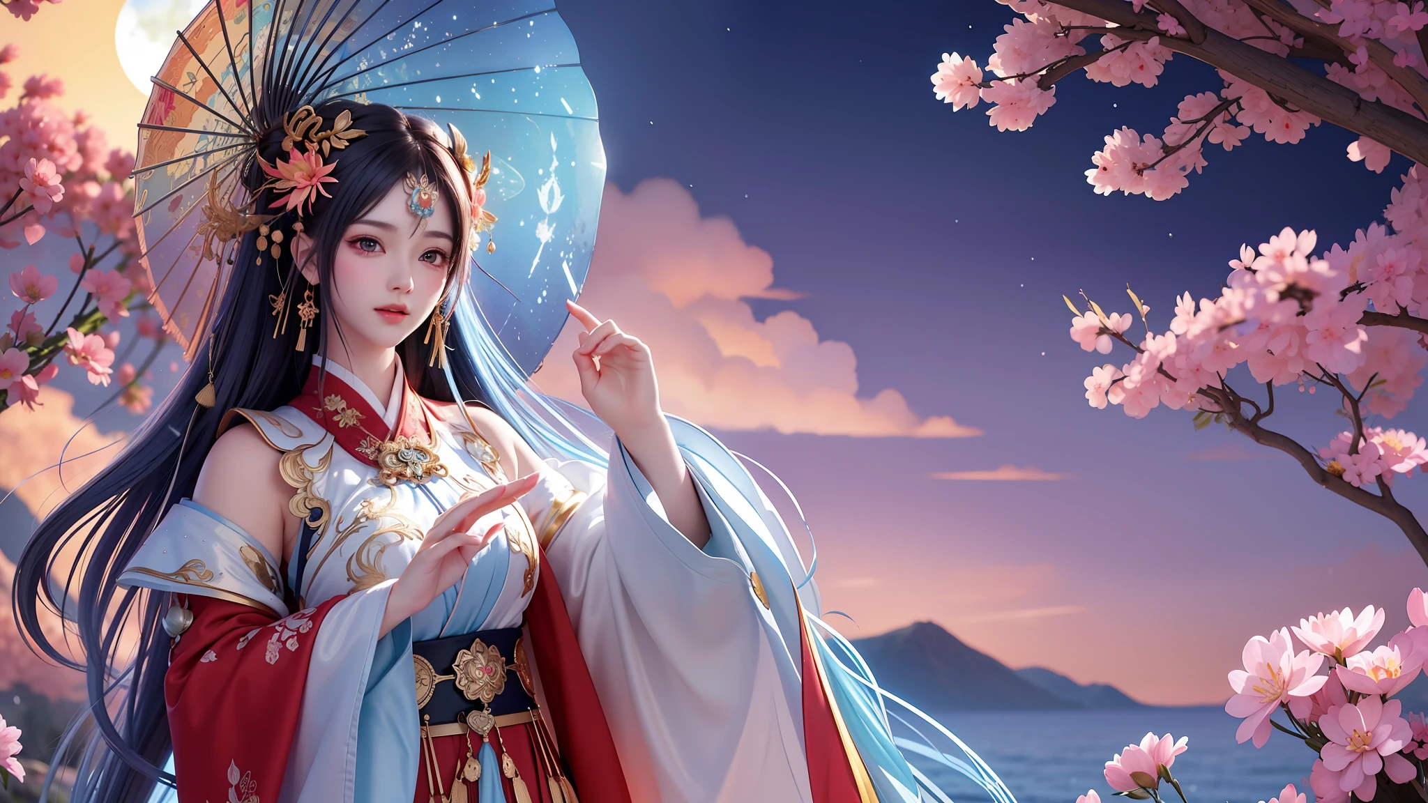 (8k, RAW photo:1.2),best quality, ultra high res,dramatic angle,(fluttered detailed color splashs), (illustration),(((1 girl))),(long hair),(rain:0.9),(hair ornament:1.4),there is an ancient palace beside the girl,chinese clothes,(focus on), color Ink wash painting,(color splashing),colorful splashing,(((colorful))),(sketch:0.8), Masterpiece,best quality, beautifully painted,highly detailed,(denoising:0.6),[splash ink],((ink refraction)), (beautiful detailed sky),moon,highly,detaild,(masterpiece, best quality, extremely detailed CG unity 8k wallpaper,masterpiece, best quality, ultra-detailed),(Lycoris radiata),