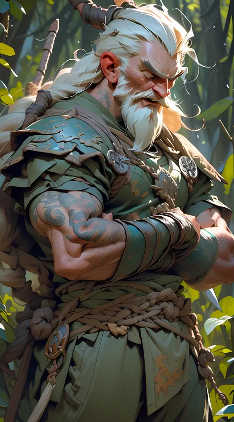 (an ultra-realistic portrait of a battle-hardened viking in his 70s), masterful craftsmanship, best quality detailing, powerful screaming expression, unruly viking hair, armored pants, defined chest and sinews, scarred and serious facial expression, deep g...