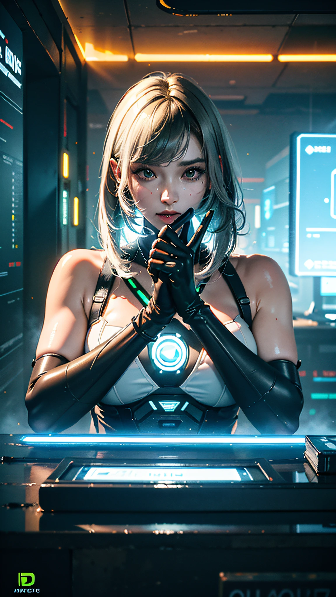 ((Best quality)), ((masterpiece)), (highly detailed:1.3), 3D, beautiful (cyberpunk:1.3) female hacker with thick voluminous hair operating a computer terminal, computer servers, LCD screens, fibre optic cables, corporate logos,HDR (High Dynamic Range),Ray Tracing,NVIDIA RTX,Super-Resolution,Unreal 5,Subsurface scattering,PBR Texturing,Post-processing,Anisotropic Filtering,Depth-of-field,Maximum clarity and sharpness,Multi-layered textures,Albedo and Specular maps,Surface shading,Accurate simulation of light-material interaction,Perfect proportions,Octane Render,Two-tone lighting,Low ISO,White balance,Rule of thirds,Wide aperature,8K RAW,Efficient Sub-Pixel,sub-pixel convolution,luminescent particles,