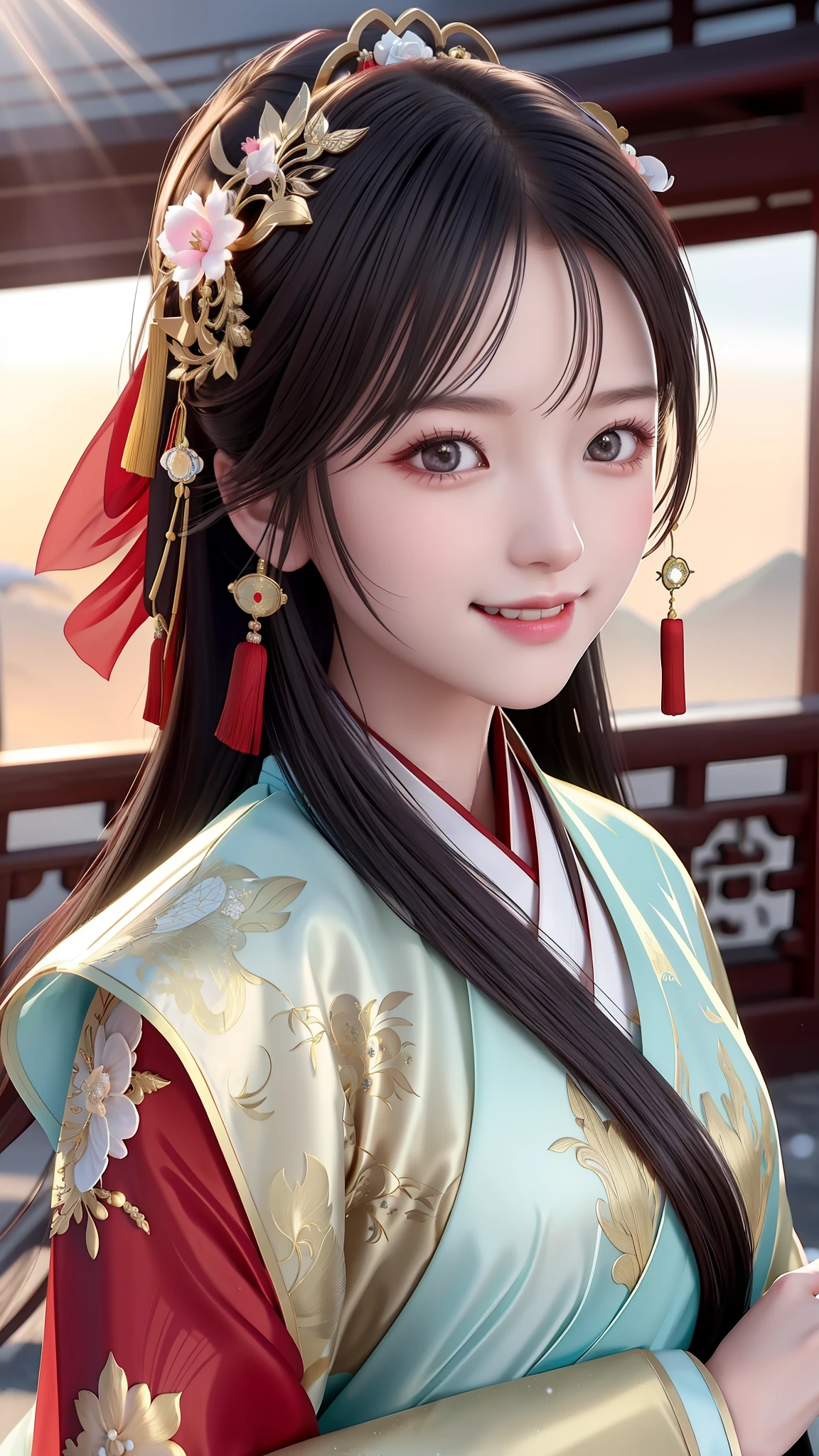 High resolution, 1girl, (glamorous smile: 0.8), Chinese Hanfu, red Hanfu, hair accessories, snow, beauty, ultra-high-definition pictures, complex and detailed light, shadow and refraction, exquisite and high-quality atmospheric lighting, Octane rendering engine, focus Clear, high contrast, high resolution, cinematic concept photography