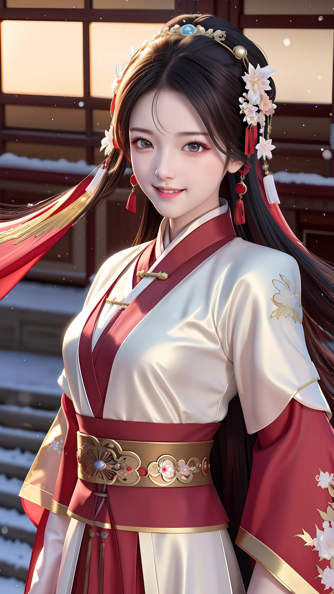 High resolution, 1girl, (glamorous smile: 0.8), Chinese Hanfu, red Hanfu, hair accessories, snow, beauty, ultra-high-definition pictures, complex and detailed light, shadow and refraction, exquisite and high-quality atmospheric lighting, Octane rendering engine, focus Clear, high contrast, high resolution, cinematic concept photography