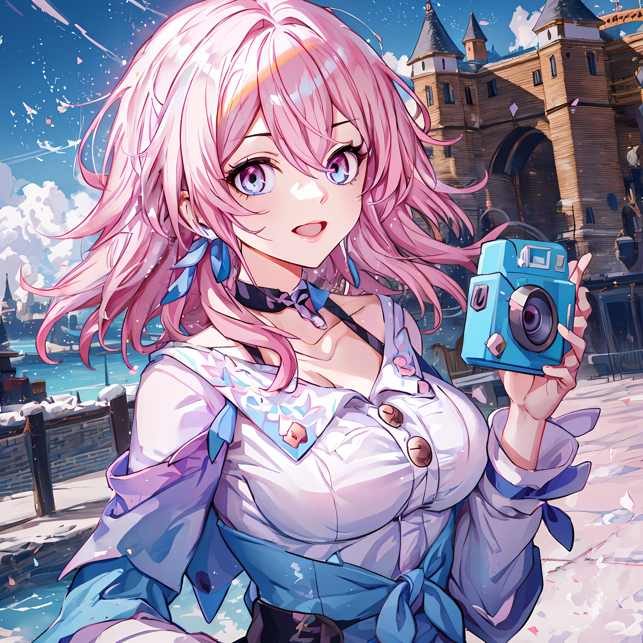 anime girl with pink hair holding a camera in front of a castle, artwork in the style of guweiz, guweiz, guweiz on pixiv artstation, guweiz on artstation pixiv, splash art anime loli, cushart krenz key art feminine, ayaka genshin impact, high quality portrait