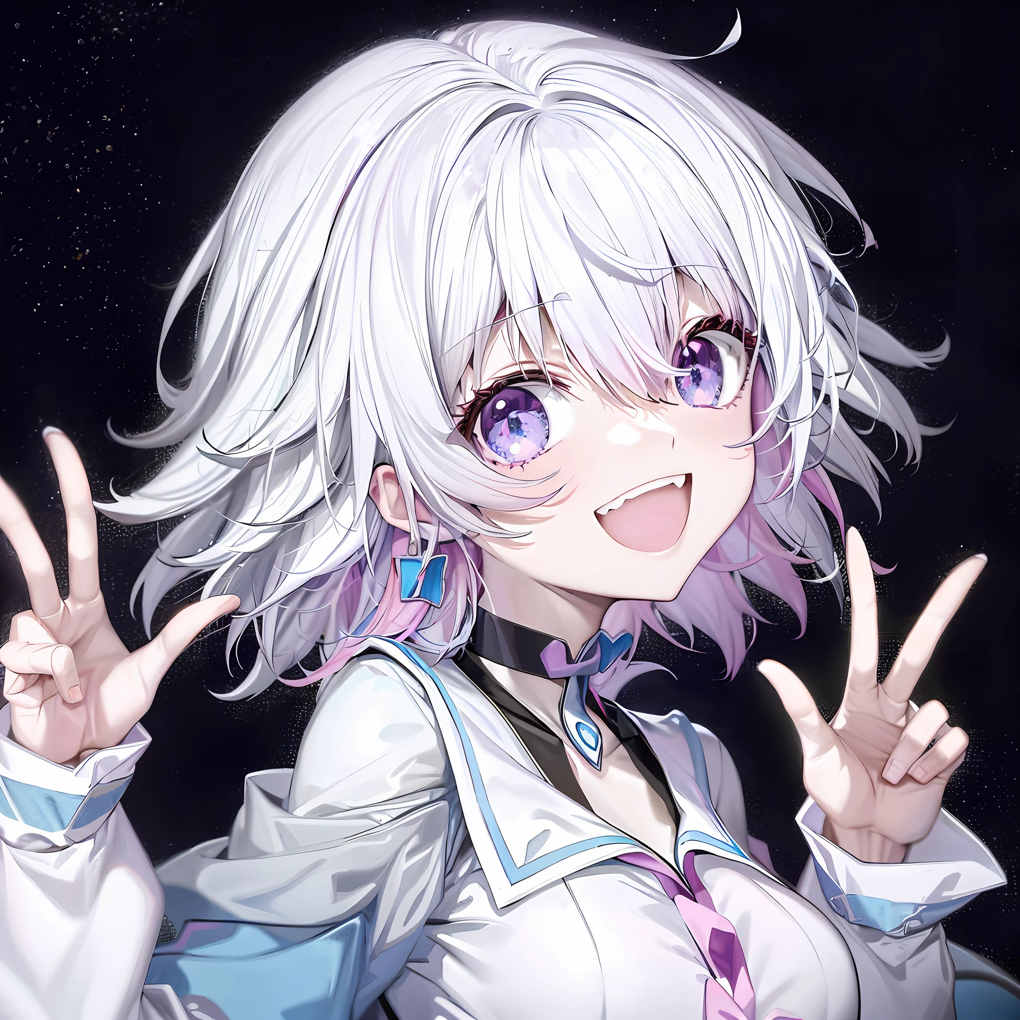 Anime girl with розовые волосы and blue eyes do peace sign, Аниме Мо Арт  Стиль, указательный палец, Влияние Аяки Геншина, цуаи - SeaArt AI