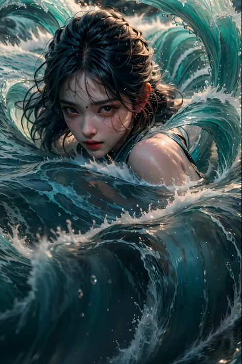 Best quality,masterpiece,ultra high res,1girl,beautiful_face,detailed skin, yushui，water，waves，