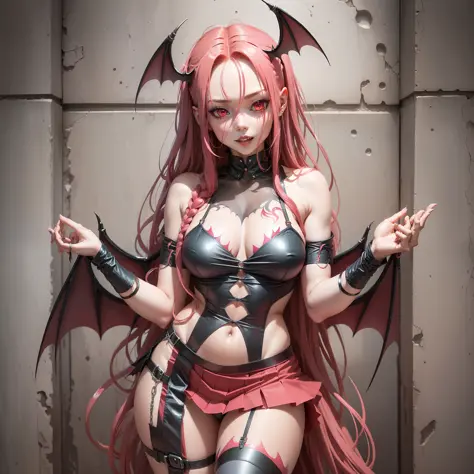 (pretty women whith long red dreadlocks anime demon whith bat wings ), happy flirt face, dynamic flexible ,  red corsage tugging pulling lifting, skirt slid off pulled down ripped open, red pink color scheme and harmony
