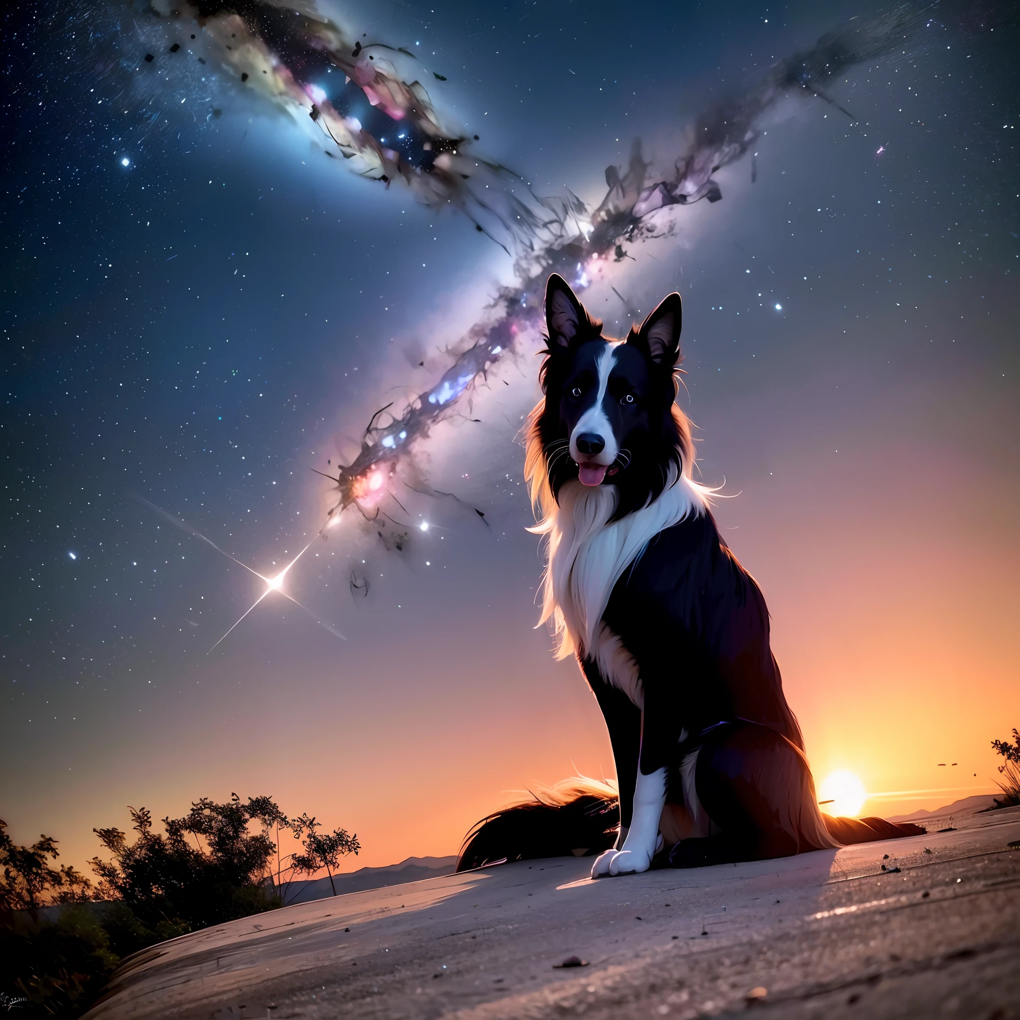 masterpiece, best quality, 8K, colorful, realistic, HDR, high detail, wallpaper, border collie, spacesuit, spaceship, window, nebula, full body