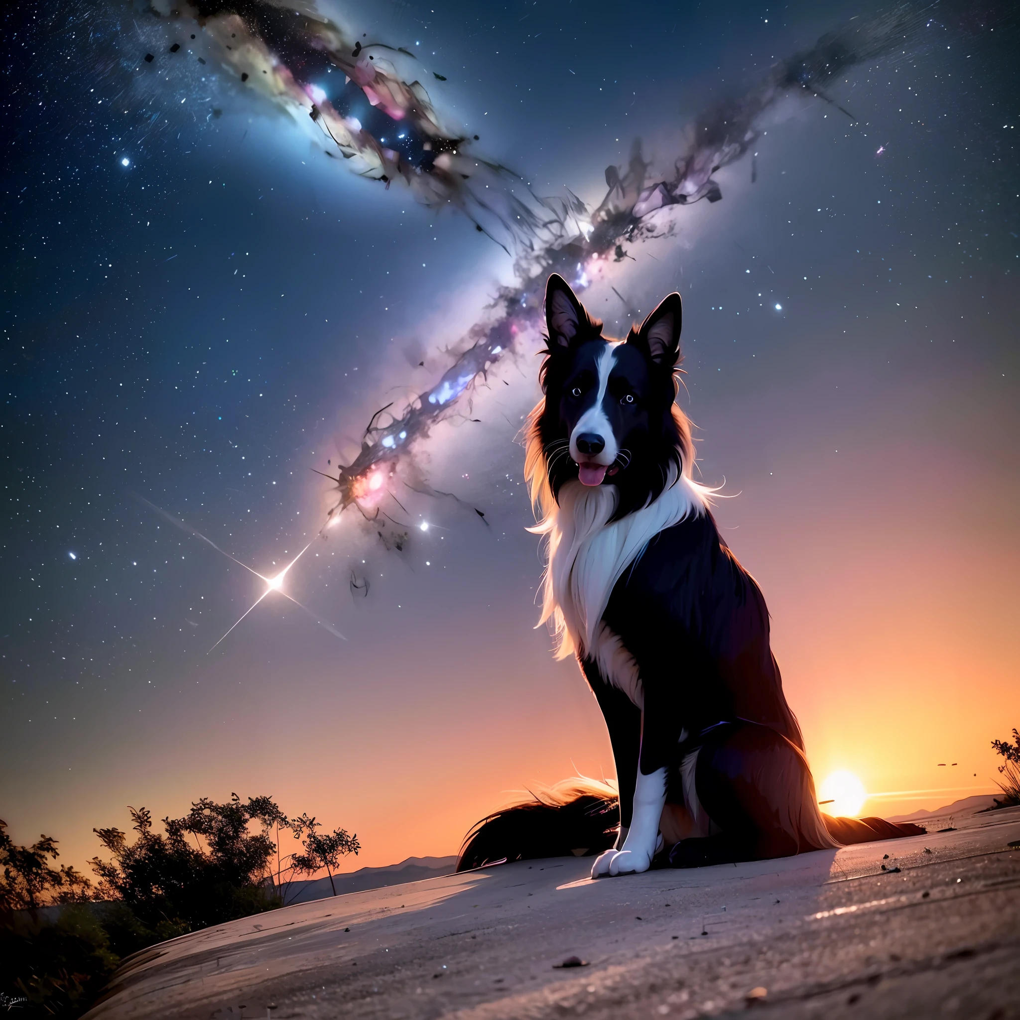 obra de arte, melhor qualidade, 8K, colorida, realista, HDR, alto detalhe, papel de parede, Border collie, traje espacial, nave espacial, janela, nebula, corpo todo