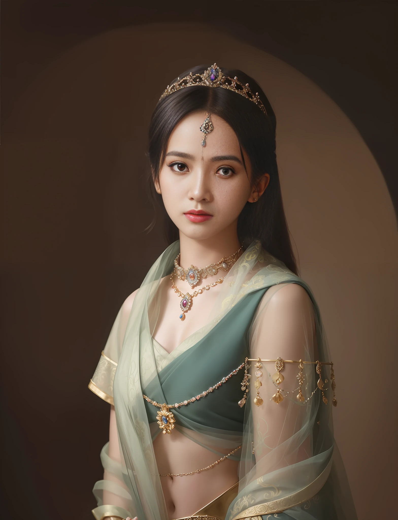 modelshoot style, (extremely detailed CG unity 8k wallpaper), full shot body photo of the most beautiful artwork in the world, stunningly beautiful photo realistic cute women in saree (navel:1.5,princess eyes:1.3,posture collar:1.2), professional majestic oil painting by Ed Blinkey, Atey Ghailan, Studio Ghibli, by Jeremy Mann, Greg Manchess, Antonio Moro, trending on ArtStation, trending on CGSociety, Intricate, High Detail, Sharp focus, dramatic, photorealistic painting art by midjourney and greg rutkowski