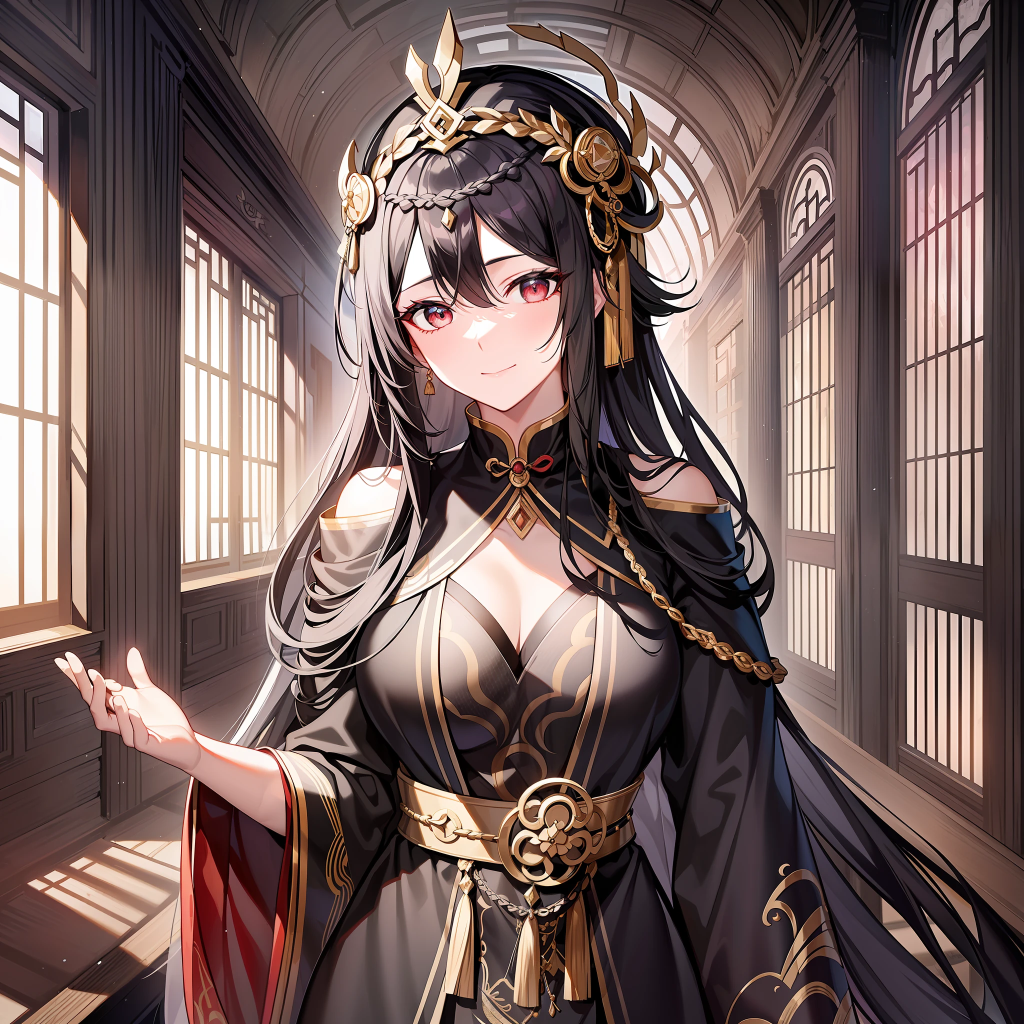 A black-haired female emperor wearing a Daoist robe walked over. Her robe is black, embroidered with silver patterns, her figure is tall and graceful, with a gentle smile on her face, but it exudes a mysterious and noble atmosphere. Her eyes were deep and full of wisdom, as if they stored the wisdom of all things in the world