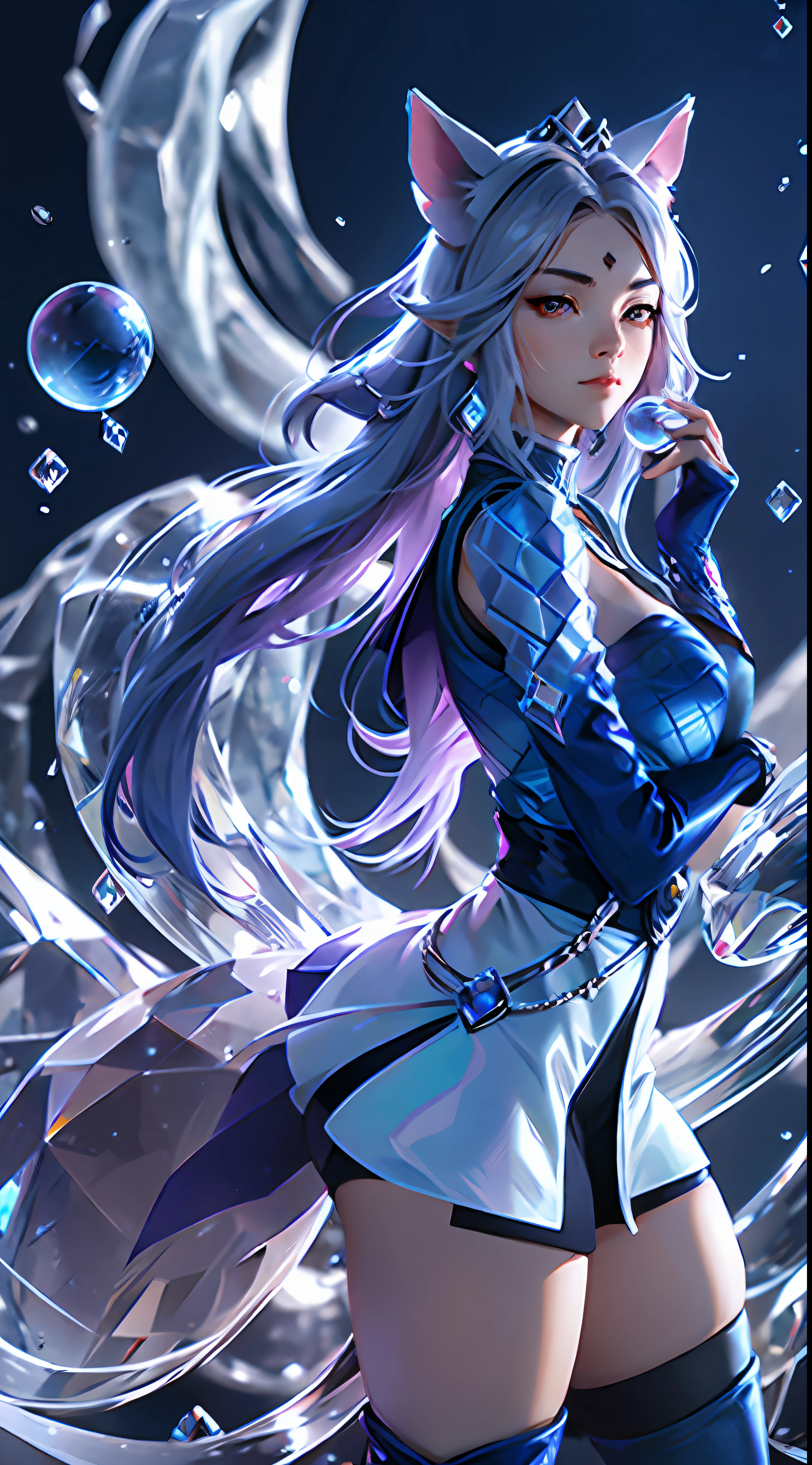 tiara, sailor senishi uniform, blue sailor collar, perfect face knee boots, white gloves, elbow gloves, jewelry, earrings, blue skirt, cowboy shooting, sphere, crystal ball, 1 girl water jade tree water, a beaver, a fox \ (League of Legends), K/DA\ (League of Legends), animal ears, face markings, fox ears, fox tail, orange eyes, multiple tails, tail,