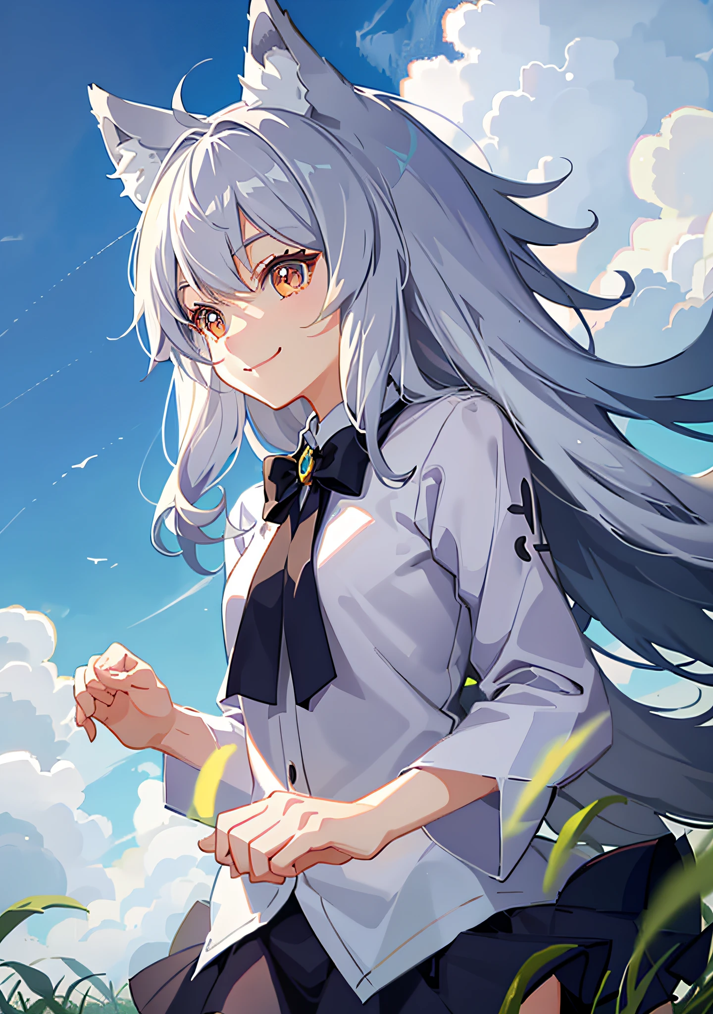 Anime girl with long gray hair and a cat ears - SeaArt AI