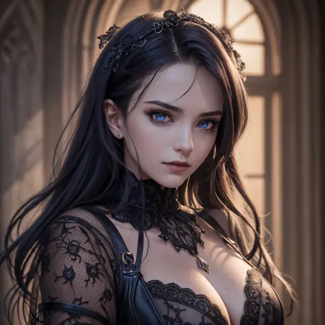 photorealistic, gothic vampire, dynamic lighting,, chiaroscuro, hyperrealism, luminism, HD, very detailed, 4k, 8k, shot on a Nikon Z7 II and Nikon NIKKOR Z 105mm f/2.8 VR S, best quality, (detailed face, detailed eyes, detailed pupils, detailed clothes and...