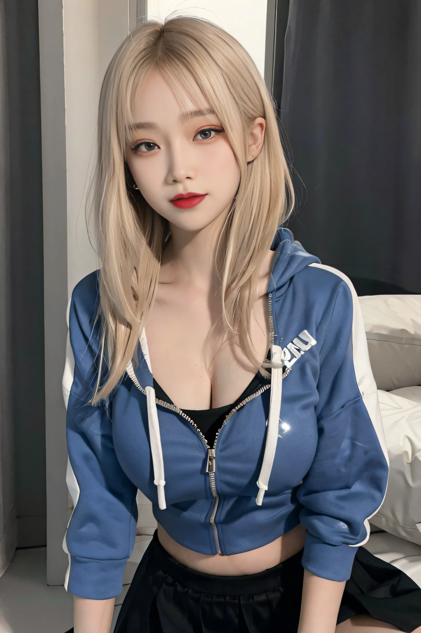 8K RAW photos, 17-year-old cool Korean, big round breasts, cleavage, cropped length zip hoodie with open front, cropped length top, skirt, beautiful eyes in detail, eyelashes, beautiful double eyelids, eyeshadow, slit eyes, perfect eye makeup, seductive smile, beautiful thin legs, bright blonde hair, bob cut, earrings,