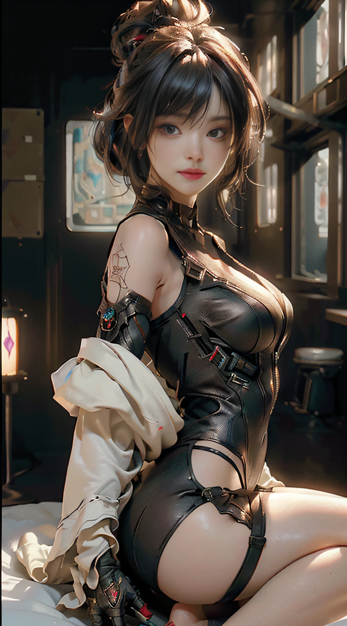((Best Quality)), ((Masterpiece)), (Detail: 1.4), 3D, A Beautiful Cyberpunk Female Figure, Big Breasts, Indoor Environment, Bed, HDR (High Dynamic Range), Ray Tracing, NVIDIA RTX, Super-Resolution, Unreal 5, Subsurface Scattering, PBR Textures, Post Processing, Anisotropic Filtering, Depth of Field, Maximum Sharpness and Sharpness, Multi-layered Textures, Albedo and Highlight Maps, Surface shading, Accurate simulation of light-material interactions, Perfect Proportions, Octane Render, Dichroic Light, Large Aperture, Low ISO, White Balance, Rule of Thirds, 8K RAW,