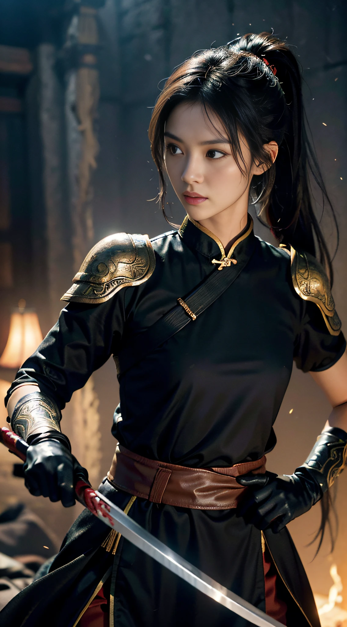 (Positive Focus), (In the Dark: 1), (Best Quality), (Realisticity: 1), Movie Poster, Realistic Skin Texture, Highly Detailed, 8k Wallpaper, Volume Lighting, Dynamic Lighting, A Girl, Black Ponytail Long Hair, Black Robe, Red Belt, Small Armor, Shoulder Armor, Waist Guard, Hand Guard, Veil, Long Sword in front of Body, Ancient Chinese Style, Short Sword at Waist Attacking Posture, Bloodstain, Broken Clothes, Ancient Chinese Battlefield, Ancient Chinese Soldiers, Arrows Flying, War, Night, Dramatic composition, sword qi surrounding, rich picture detail, war,