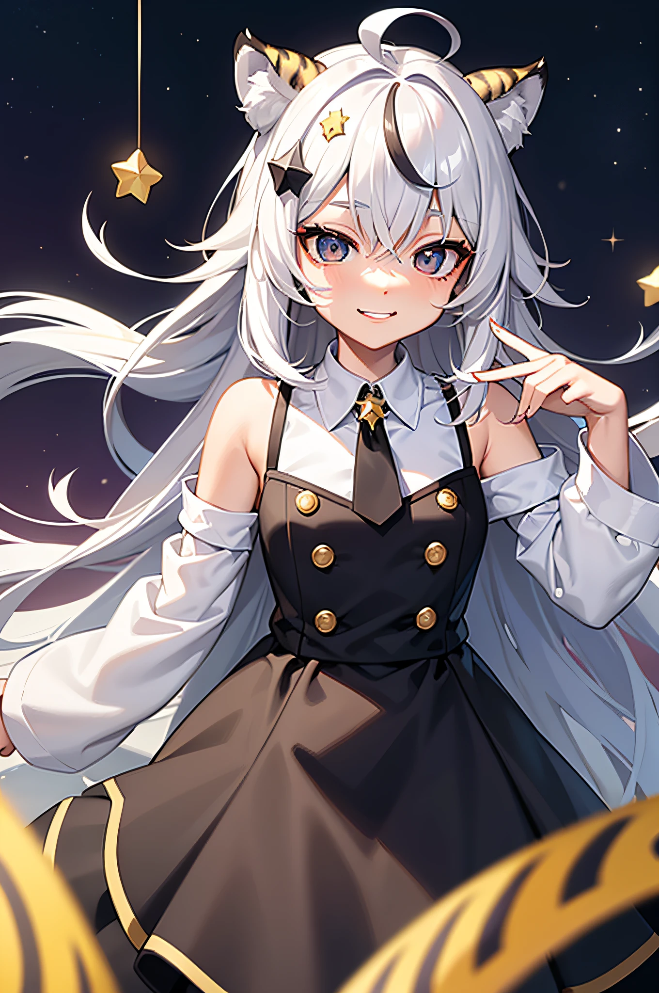 (Masterpiece: 1.2), best quality, extremely detailed (UHD), white hair, striped hair, straight hair, ahoge, star eyes, black eyes, with aura, note hair ornament, wolf ears, smiley face, tiger teeth, white coat