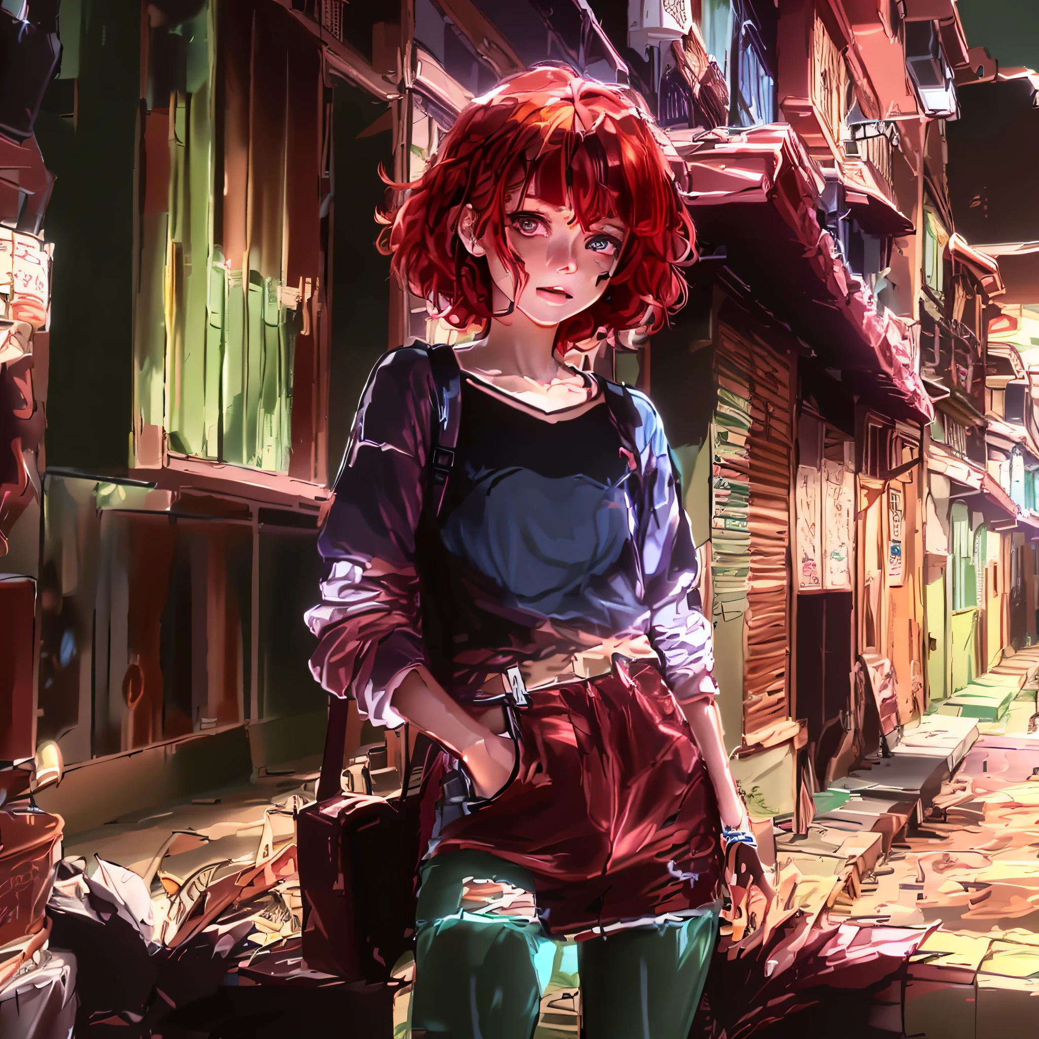 Anime girl with red hair and green pants standing in a narrow alley -  SeaArt AI