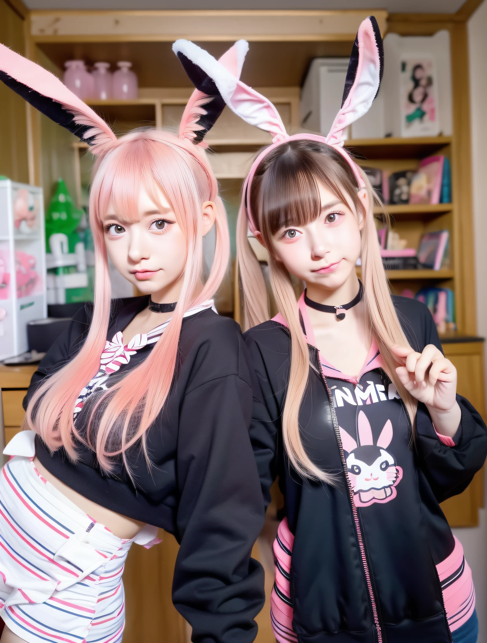 two girls in bunny ears are posing for a picture, twintails hairstyle, kemonomimi, twintails, shikamimi, sakimichan, sakimi chan, kawaii hairstyle, yuruyuri, chiho, kawaii hair style, 8 khd, 8k!, nekomimi, aoshima chiho, hololive, symmetric!!