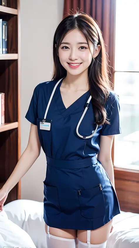 Arad woman posing for photo in blue uniform, nurse, nurse girl, nurse uniform, nurse scrub, doctor, (doctor), nursing, intimate nurse costume, blue uniform, nurse costume, medical staff, doctor, with stethoscope, sakimichan, short sleeves, surgical gown an...