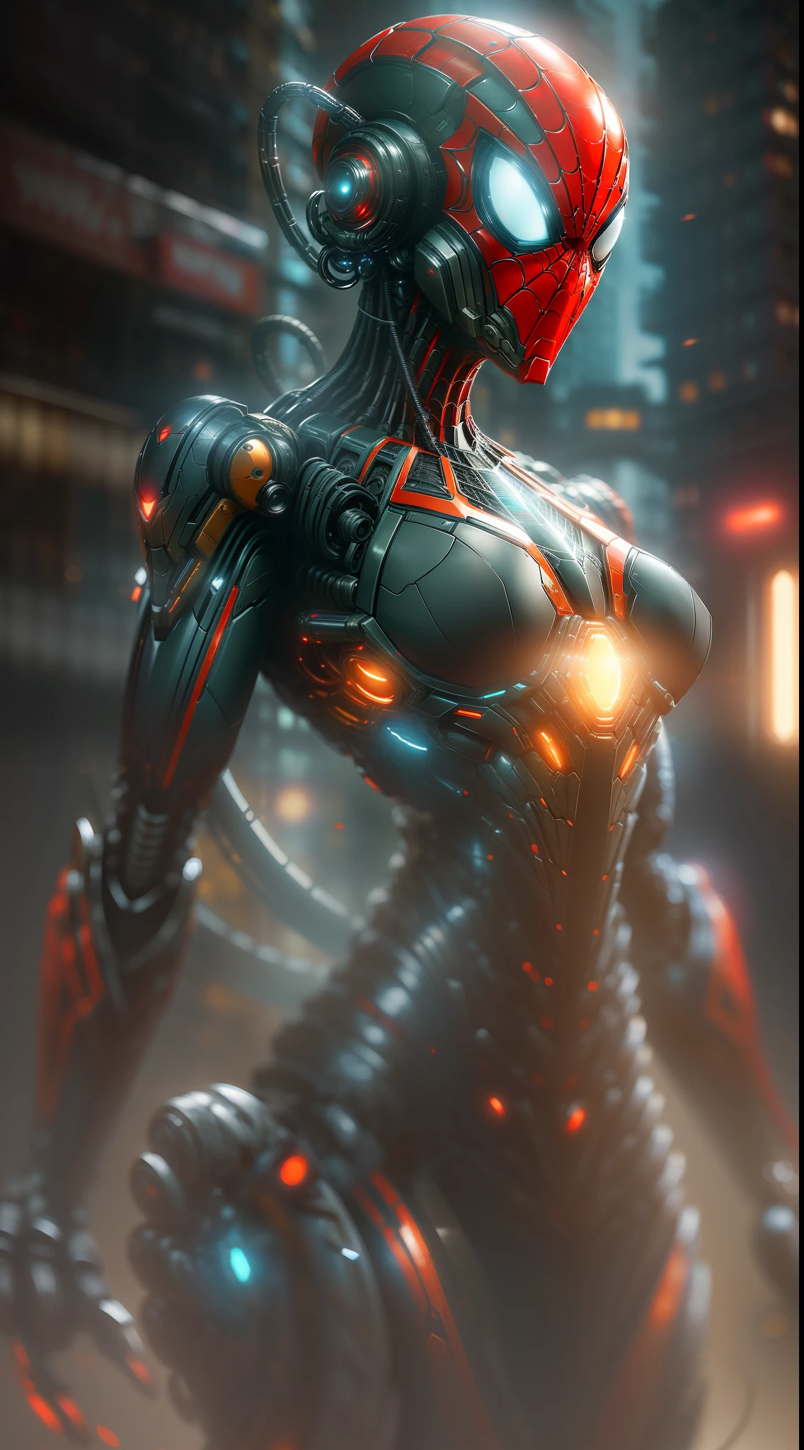 Spider-Biodroid from Marvel photography, biomechanical, complex robot, full growth, hyper-realistic, insane small details, extremely clean lines, cyberpunk aesthetic, a masterpiece presented at Zbrush Central