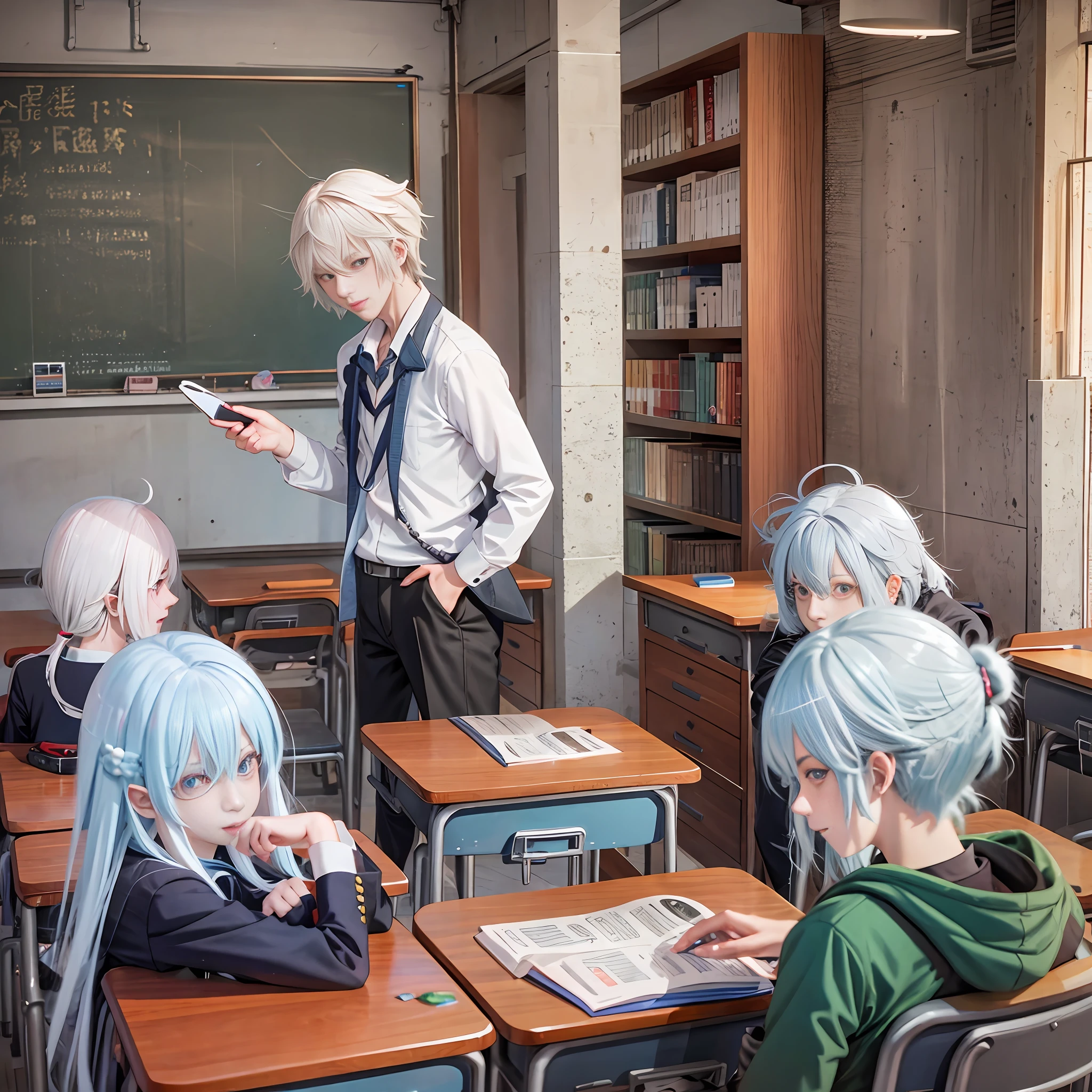 Um grupo de animes na sala de aula aponta para garotos de anime de cabelos brancos isolados