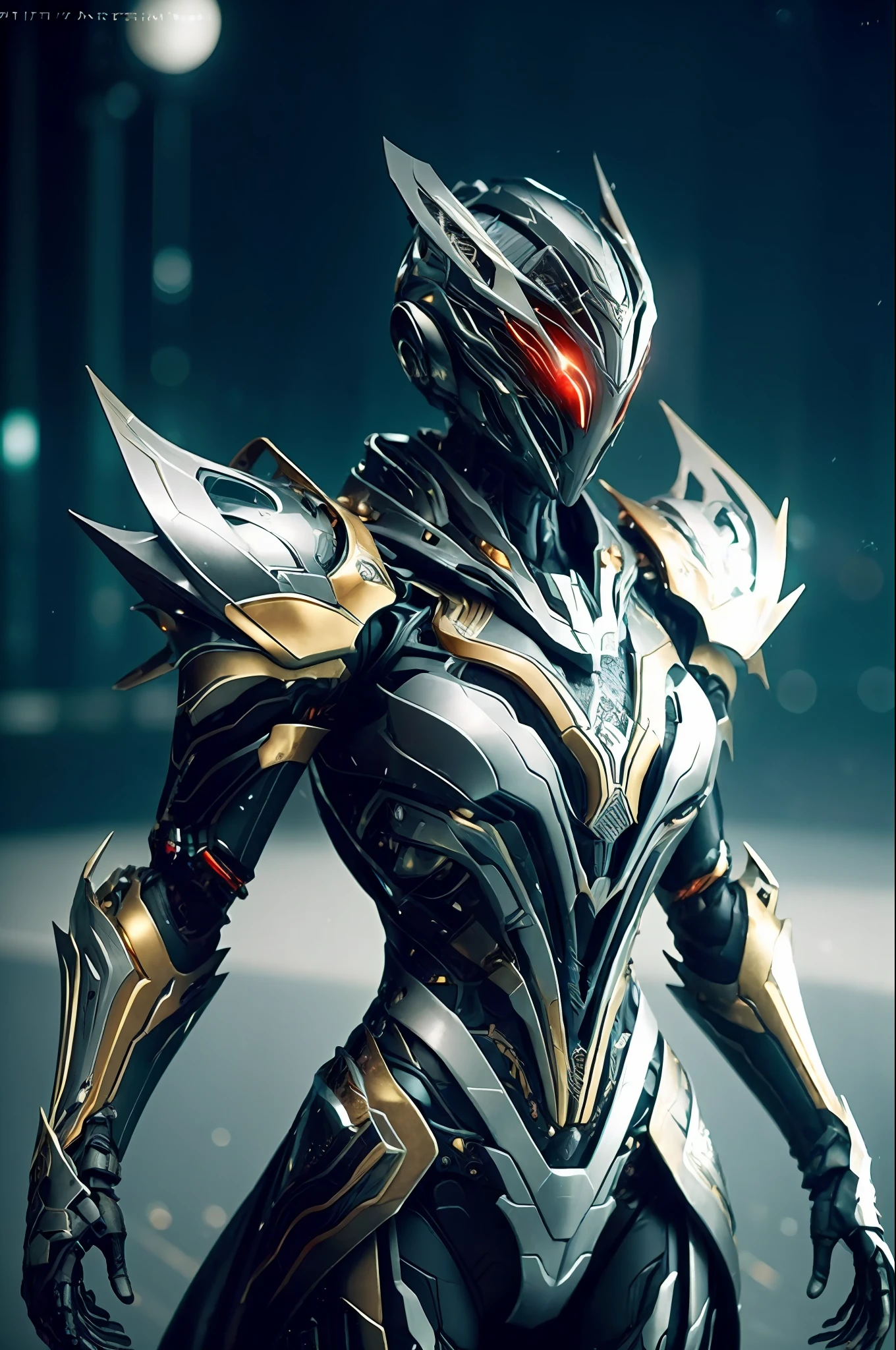 1 japanese girl, WARFRAME, intricate pattern, heavy metal, energy lines, faceless, glowing eyes, elegant, intense, blood red and black uniform, solo, modern, city, streets, dark clouds, thunderstorm, heavy rain, dramatic lighting, (masterpiece:1.2), best quality, high resolution, beautiful detailed, extremely detailed, perfect lighting,(full body, (dynamic pose), action pose), (rim lighting, studio lighting, distant moon light, night, bloom), (cinematic, best quality, masterpiece, ultra HD textures, highly detailed, hyper realistic, intricate detail, 8k, photorealistic, concept art, matte painting, autodesk maya, vray render, ray tracing, hdr), (dslr, full frame, 16mm focal length, f/8 aperture, dynamic perspective, dynamic angle, golden ratio, wide photography, wide field of view, deep depth of field, zoom out) techwear, urbansamurai 3d, realistic cyborg in a cyberhelmet head