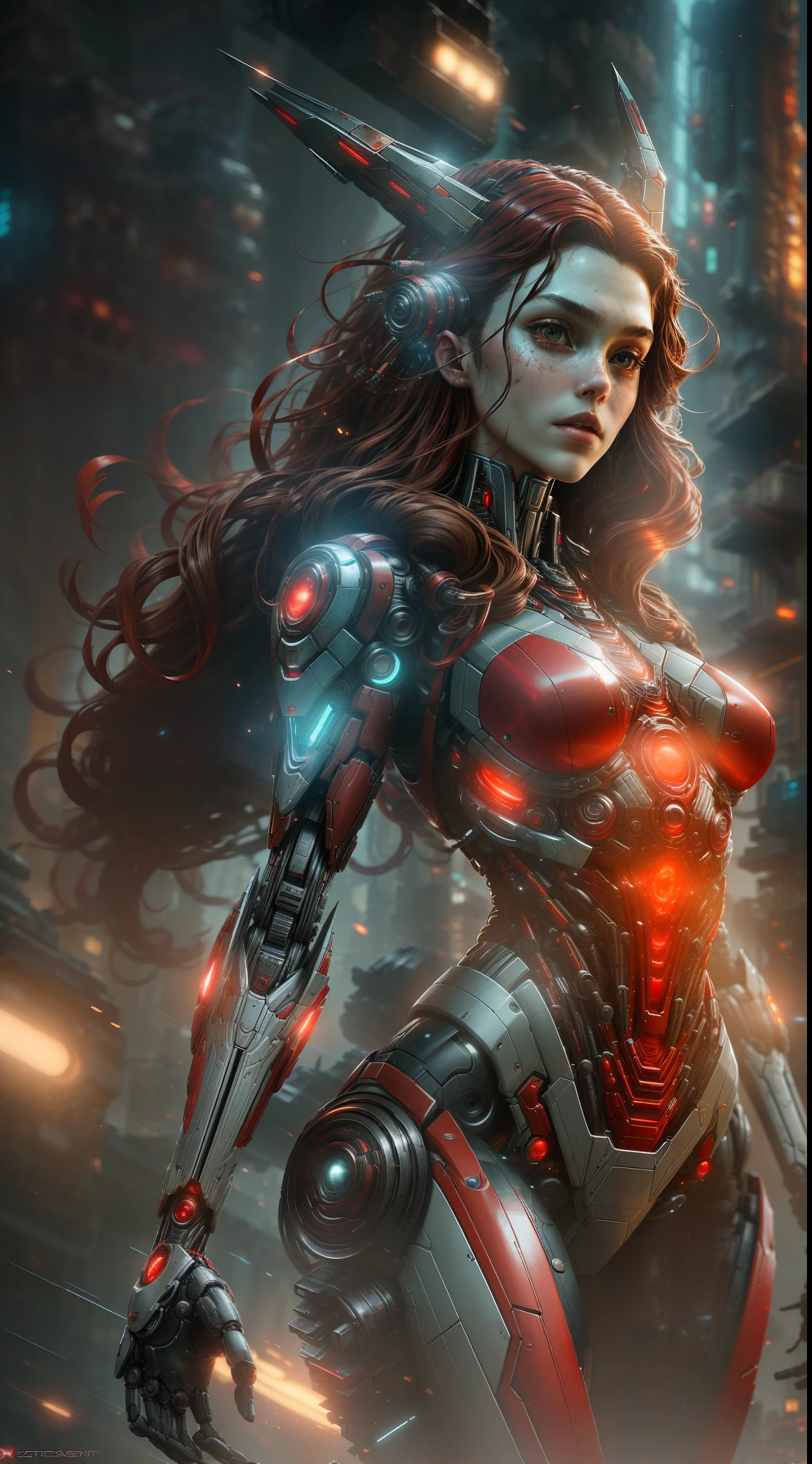 Bruja Escarlata de la fotografía de Marvel, biomecánico, robot complejo, crecimiento completo, Híper realista, pequeños detalles locos, líneas extremadamente limpias, estética ciberpunk, una obra maestra presentada en Zbrush Central