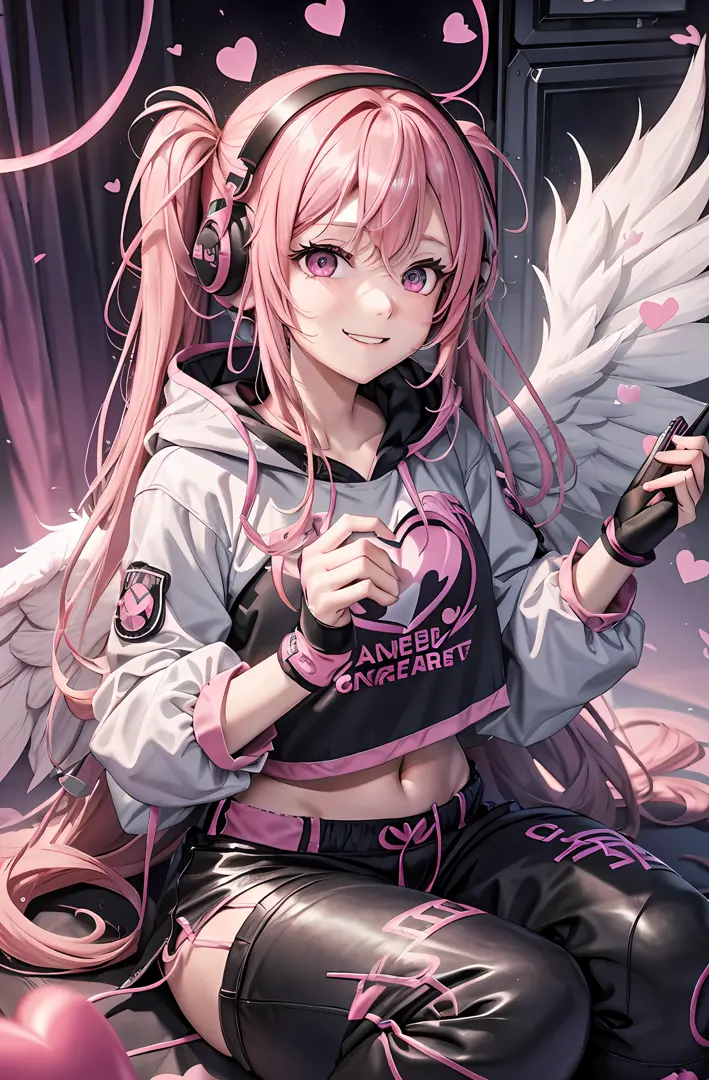 Pink hair. Pigtails. Long hair. Long pants that are cut off. Parka. Earring. Angel wings. Heart-shaped vacant chest. Heart logo....