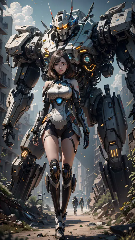 ((Best quality)), ((masterpiece)), (highly detailed:1.3), 3D,Shitu-mecha, beautiful cyberpunk women with her mecha in the ruins of city from a forgoten war, ancient technology,HDR (High Dynamic Range),Ray Tracing,NVIDIA RTX,Super-Resolution,Unreal 5,Subsur...