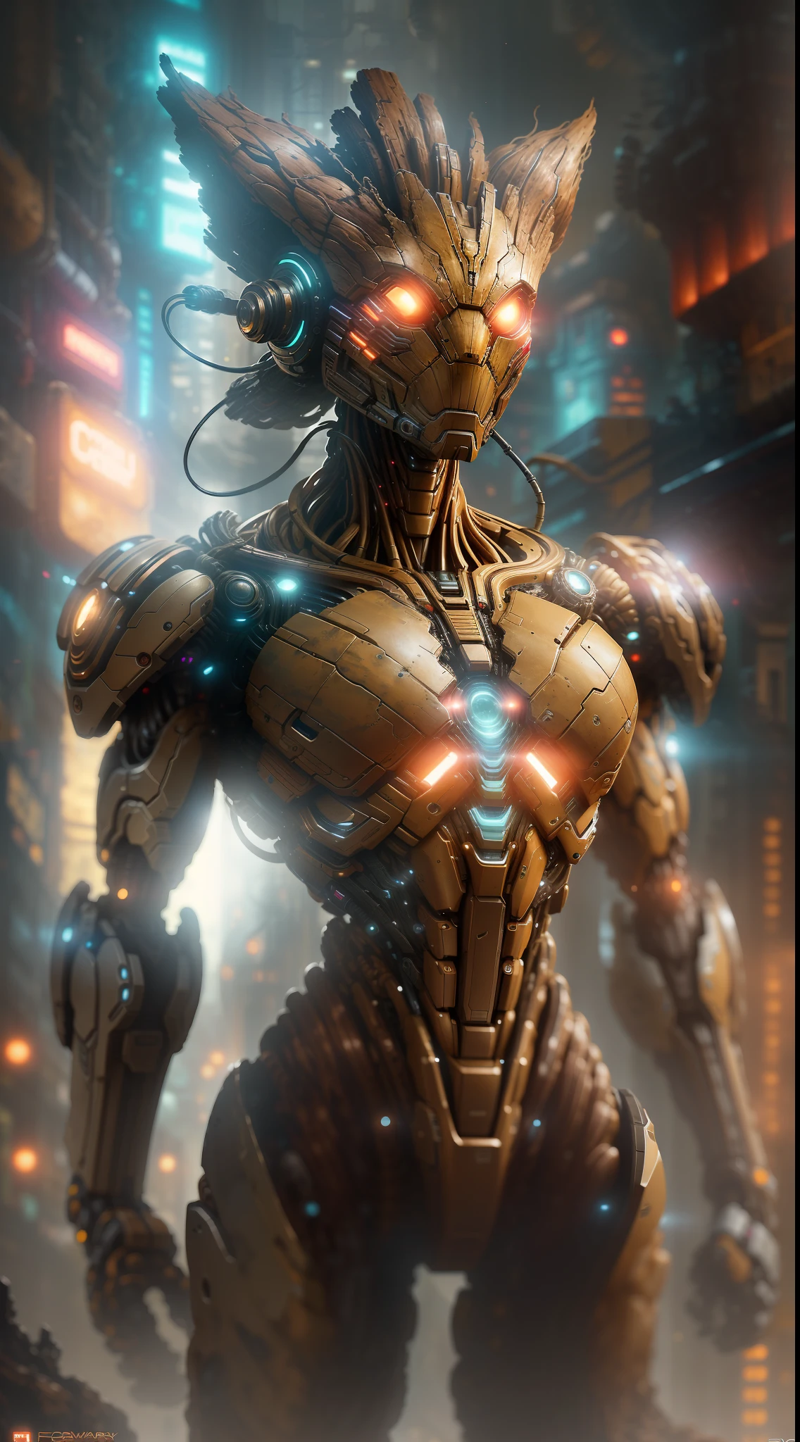 Groot from Marvel photography, biomechanical, complex robot, full growth, hyperrealistic, insane small details, extremely clean lines, cyberpunk aesthetic, masterpiece featured on Zbrush Central