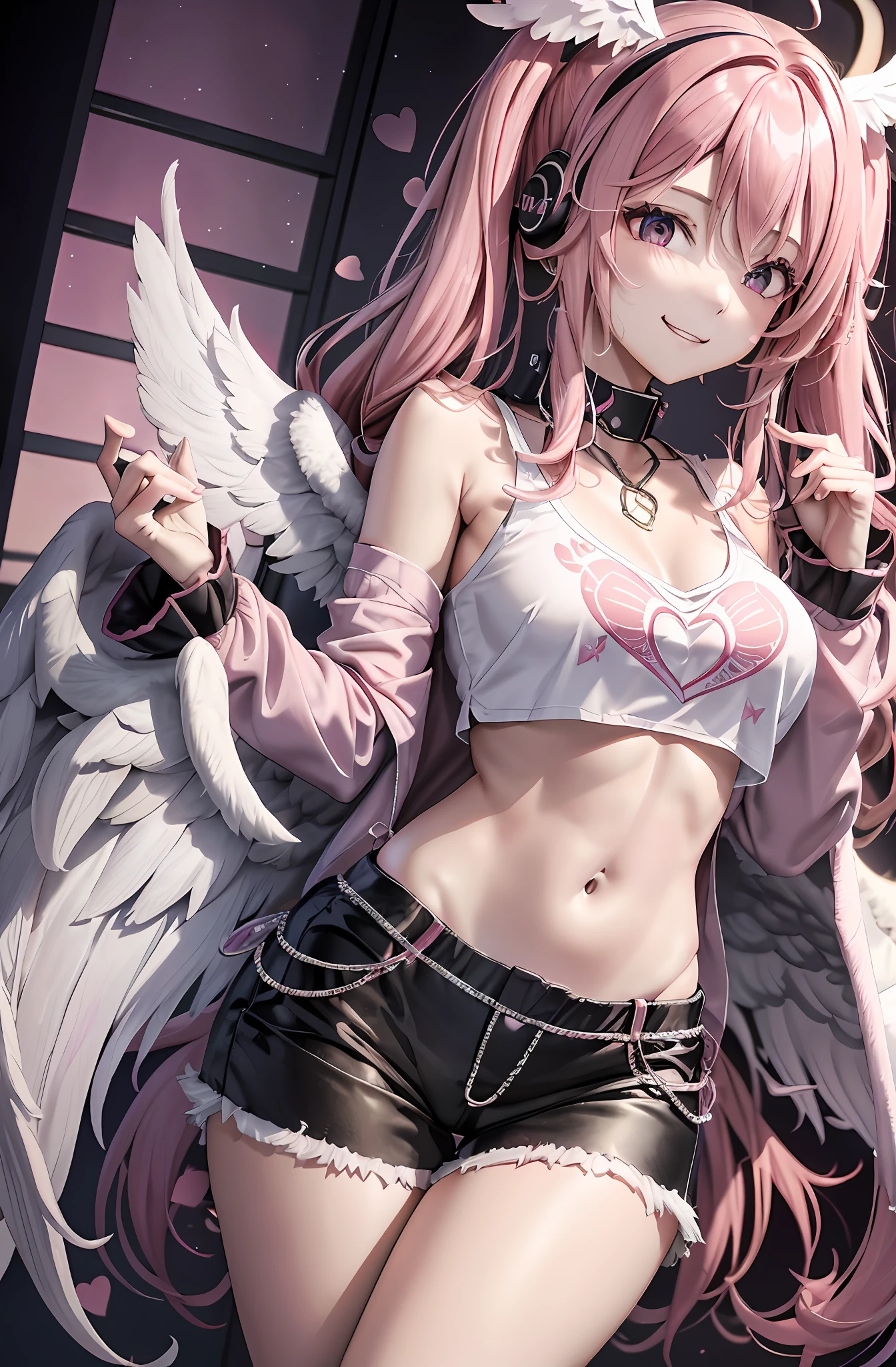 Pink hair. Long hair. Pigtails. Long pants that are cut off. Parka. Earring. Angel wings. Heart-shaped vacant chest. Heart logo. A big smile. Game Center. Headphone. White wings. Navel. Futomo. Navel out.
