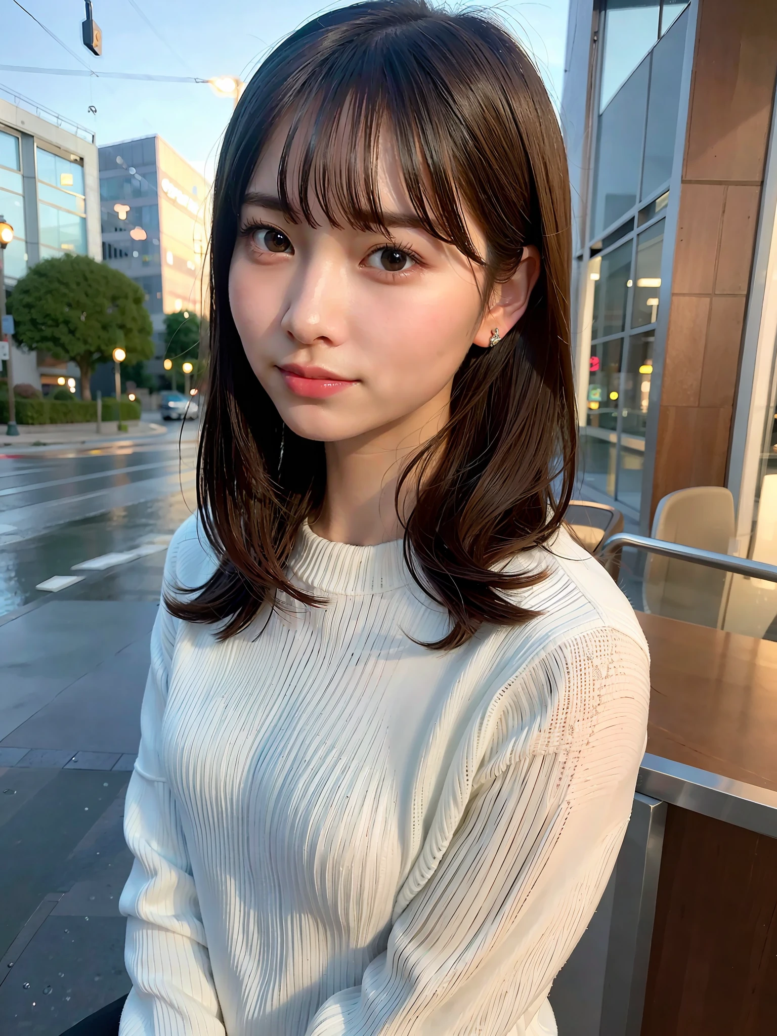 (8k, best quality, masterpiece:1.2), (realistic, photo-realistic:1.37) highres, ultra-detailed, 1 girl asian, cute, cute face, solo, short hair 1.2, textured skin, beautiful smile, beautiful detailed sky, detailed cafe, night, cinematic lighting, depth of field, lens flare
light, sitting, dating, (nose blush), (smile:1.15), (closed mouth) small breasts, beautiful detailed eyes, (sweater:1.1), night, wet, business attire, rain, white lace, (short hair:1.2), floating hair NovaFrogStyle,