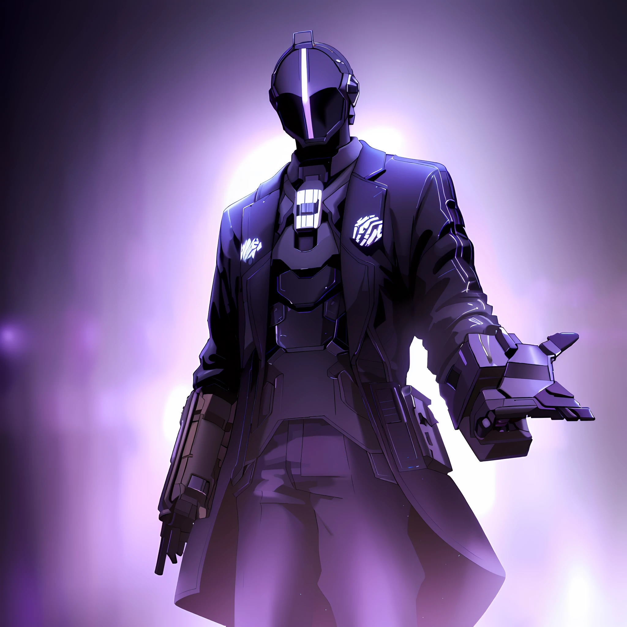 There is one wearing a suit，Man with gun in helmet, crow in cyber armour, clothed in stealth armor, dystopian sci-fi character, scifi character render, clothed in cyber armour, in a dark space mercenary outfit, stealth suit, epic sci-fi character art, cyberpunk suit, epic sci - fi character art, goth cybersuit，