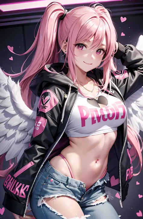 Pink hair. Pigtails. Long hair. Long pants that are cut off. Parka. Earring. Angel wings. Heart-shaped vacant chest. Heart logo....