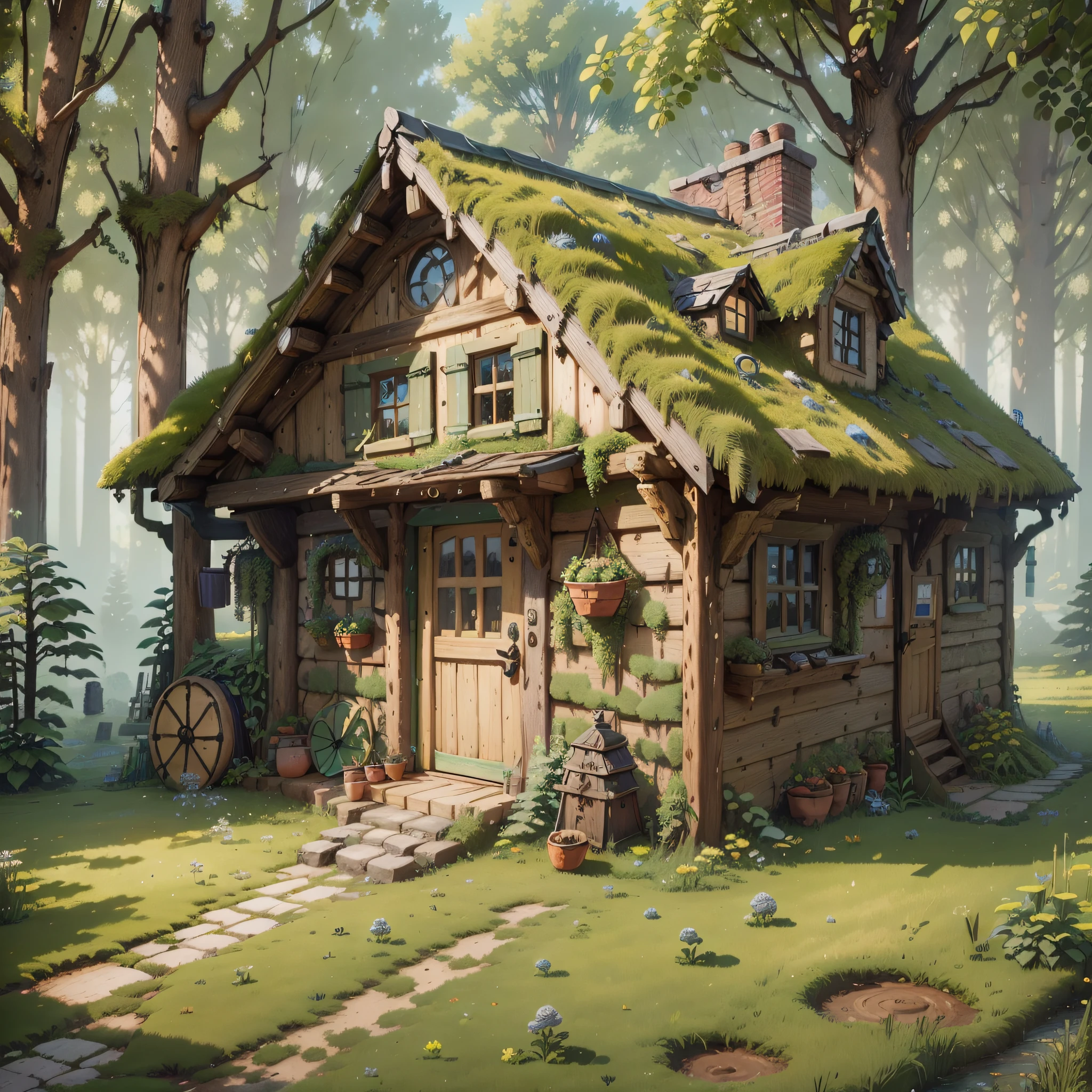 Masterpiece, best quality, (very detailed CG unity 8k wallpaper), (best quality), (best illustration), (best shadows), round turnip hut covered with moss, isometric 3D , octane rendering, ray tracing, highly detailed