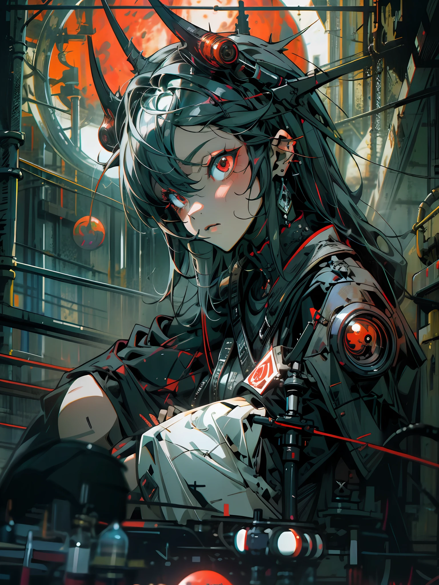 masterpiece, highly detailed, high quality, goth punk girl, red eyes, goat horn, dynamic angle, sitting , huge red moon, pop, cyberpunk, sci-fi, illustration, cinematic lighting,