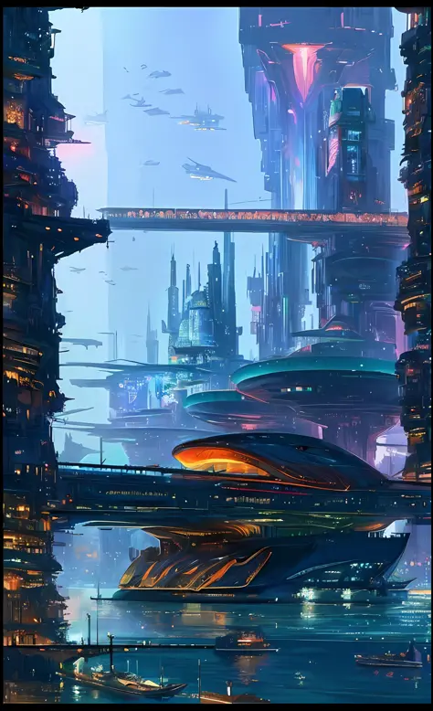 ((a boat:1.2)) sailing in the water near a city, beautiful city of the future, city of the future, otherwordly futuristic city, in fantasy sci - fi city, futuristic city, futuristic dystopian city, in a futuristic city, science fiction city, syd mead and r...