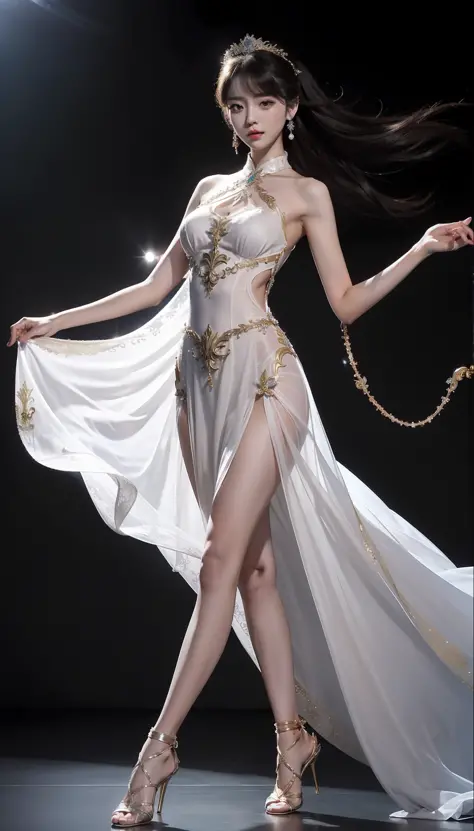 Musical goddess, real person, super good picture quality, 8k, dignified and elegant, perfect body, exquisite makeup, delicate skin, charm and dignified, long elegant dress, gorgeous performance on the musical stage, Chinese women, delicate and smooth skin,...