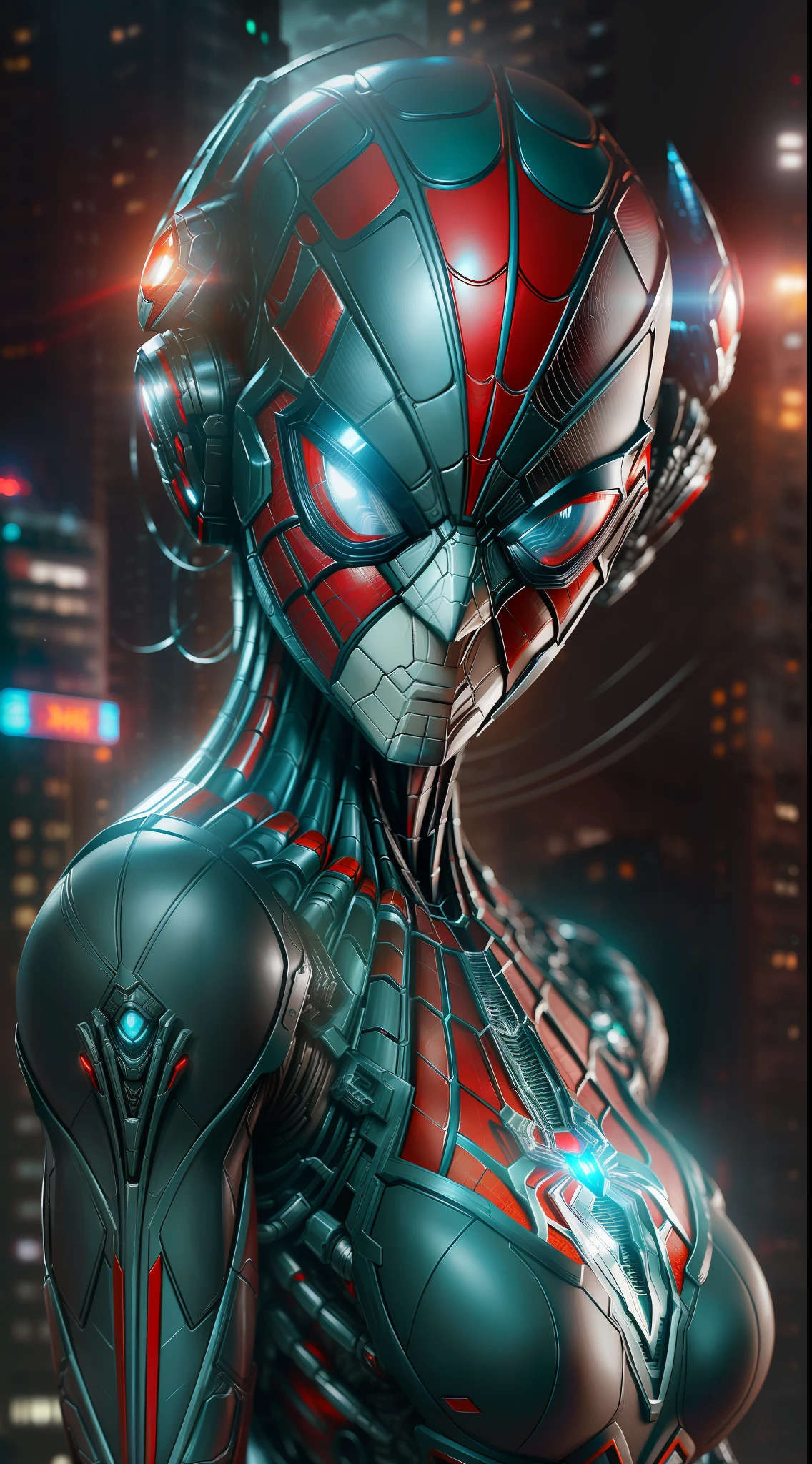 photo of Woman dressed as Spider-Man from Marvel, biomechanical, complex robot, full growth, hyper-realistic, insane small details, extremely clean lines, cyberpunk aesthetic, a masterpiece presented at Zbrush Central