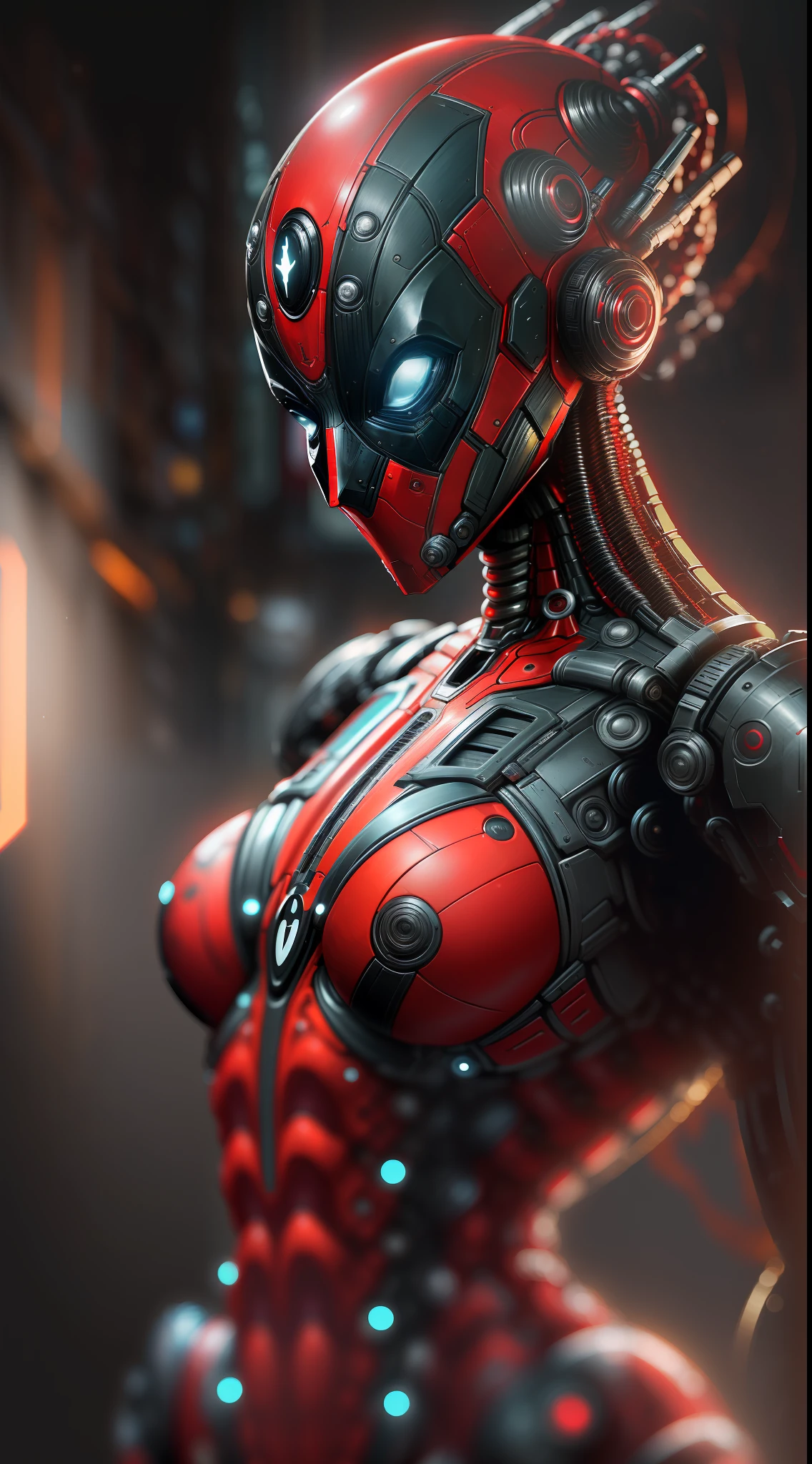 photo of Woman dressed as Deadpool from Marvel, biomechanical, complex robot, full growth, hyper-realistic, insane small details, extremely sharp lines, cyberpunk aesthetic, a masterpiece presented at Zbrush Central