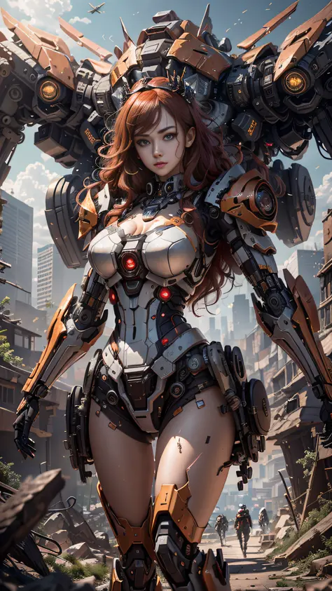 ((Best Quality)), ((Masterpiece)), (Very detailed: 1.3), 3D, Shitu-mecha, red background, Beautiful cyberpunk woman wearing crown with her mecha in ruins of a city in forgotten war, long red hair, sci-fi technology, HDR (High Dynamic Range), ray tracing, N...