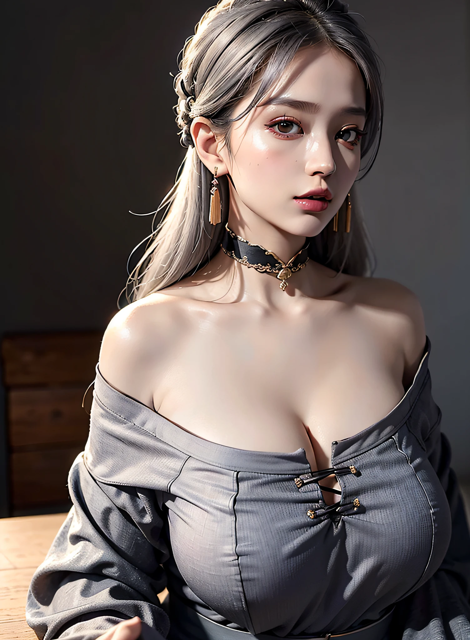 best quality, masterpiece, ultra high res, (photorealistic:1.4), 1girl, off-shoulder shirt, ((traditional chinese dress:1)), black choker, (faded ash gray hair:1), (huge breasts:1.2), looking at viewer, closeup,