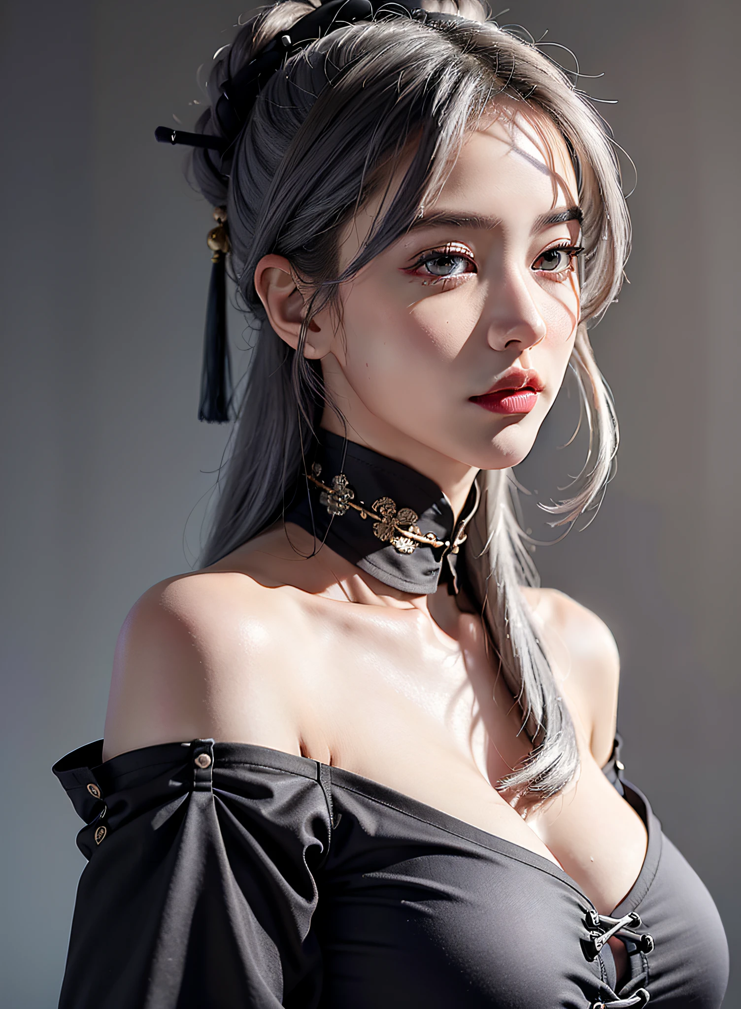 best quality, masterpiece, ultra high res, (photorealistic:1.4), 1girl, off-shoulder shirt, ((traditional chinese dress:1)), black choker, (faded ash gray hair:1), (huge breasts:1.2), looking at viewer, closeup,