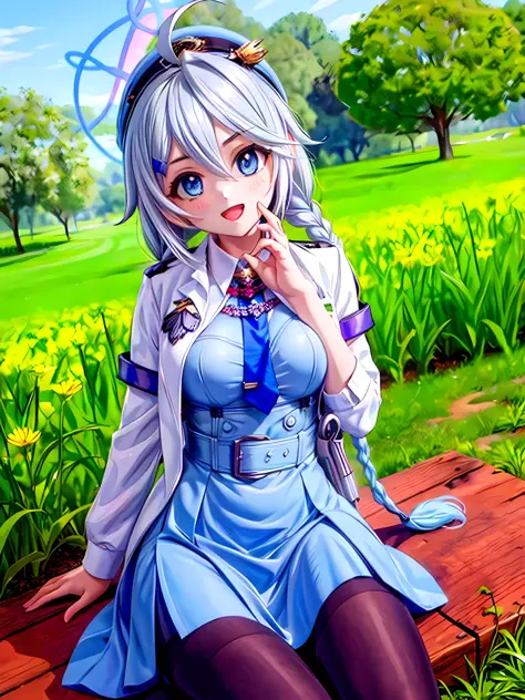 (1girls:1.3), sitting in a field of green plants and flowers, her hand under her chin, wide angle, harem anime official art, per...