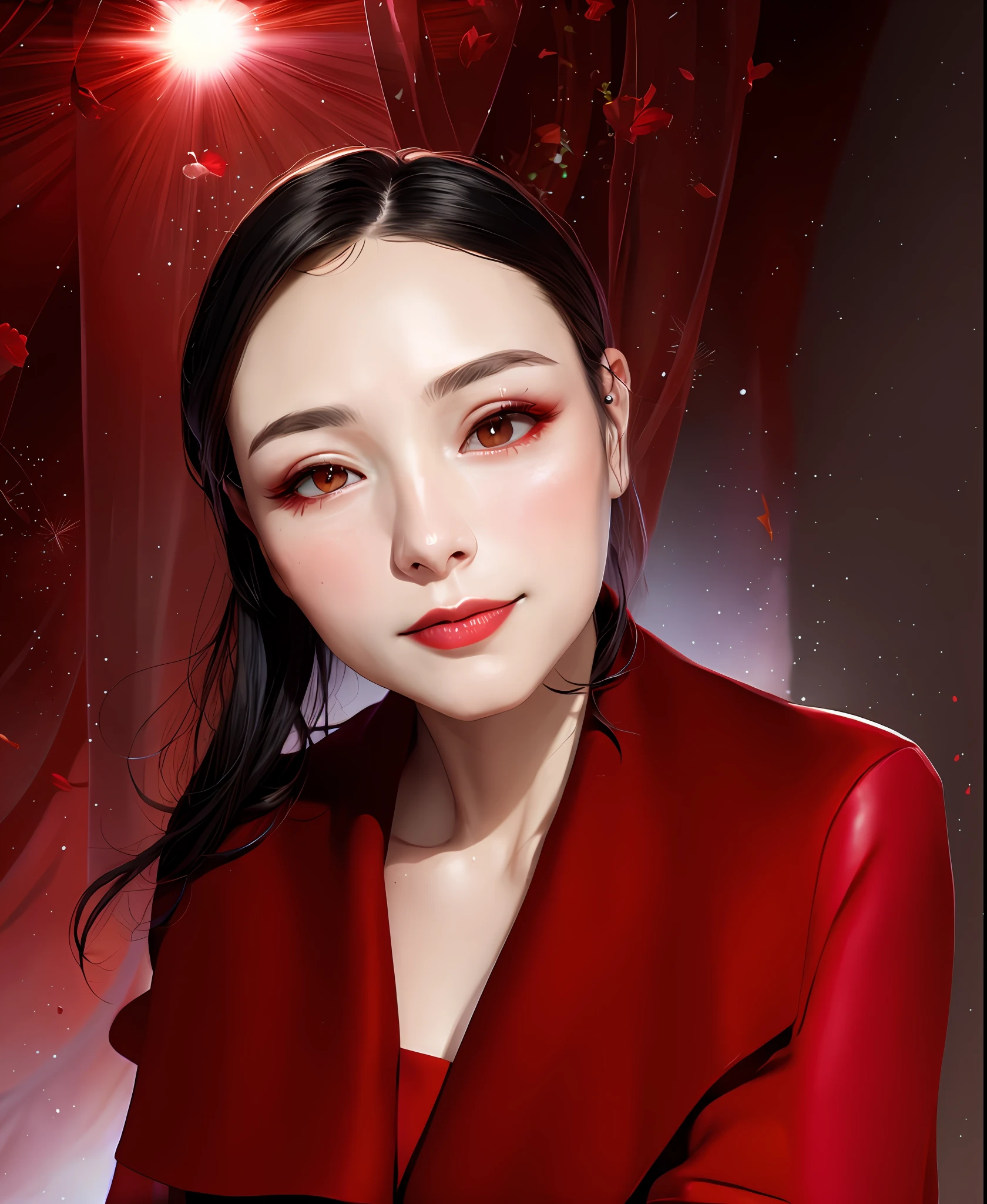 there is a woman with a red coat and red lipstick, inspired by Ai Xuan, stunning digital illustration, glossy digital painting, inspired by Yanjun Cheng, beautiful digital illustration, inspired by Zhang Yan, inspired by Yao Tingmei, inspired by Li Fangying, inspired by Chen Lu, inspired by Sim Sa-jeong, exquisite digital illustration, inspired by Lü Ji