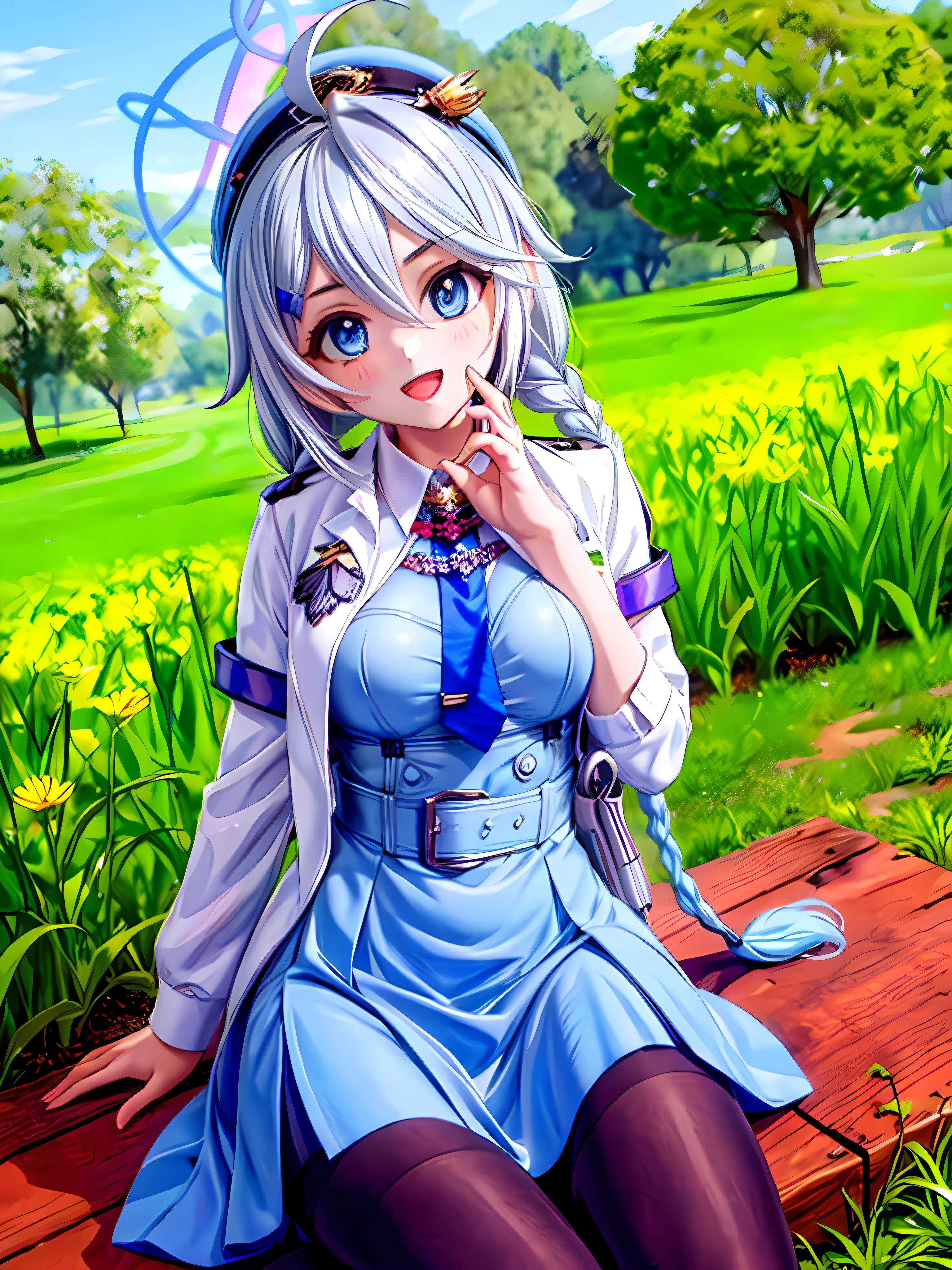 (1girls:1.3), sitting in a field of green plants and flowers, her hand under her chin, wide angle, harem anime official art, perspective, looking ahead, blue eyes, small breasts, ahoge, hair ornament, twin braids, necktie, halo, bangs, hair between eyes, blue eyes, shirt, skirt, smile, white police uniform, open mouth, hat, blue shirt, (white jacket:1.1), belt pouch, silver hair, black pantyhose, cute beautiful eyes detailed pupils cute, circle white pupil cute, 35mm f1.4, iso100, raw, high quality, subtle ambient glow, raytracing, global illumination, ultimate quallity