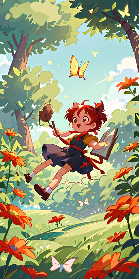 High Detail, Ultra Detail, 8K, Ultra High Resolution, Kiki, from Kiki's Delivery Service, child, toddler, enjoying her time in the open field, surrounded by the beauty of nature and books, warm sun sprinkling on her, wildflowers gently swaying in the breez...