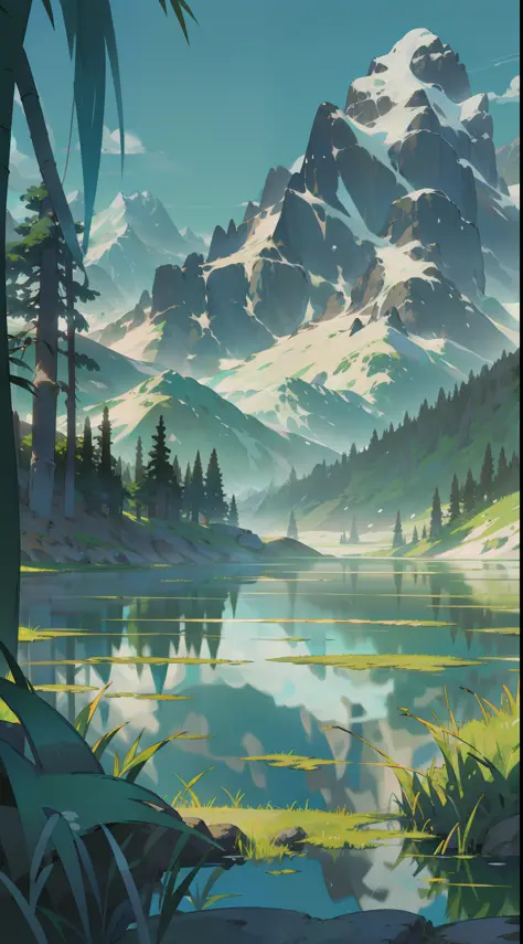 Towering snow-capped mountains, turquoise lake, (forest), flowers, trees, grass, bamboo, spring, sunny, strong sunlight, chiaros...