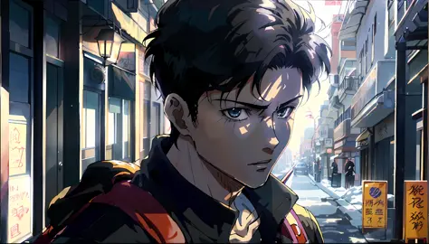 anime character with backpack walking down a city street, handsome guy in demon slayer art, male anime style, realistic anime ar...